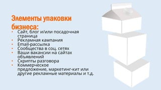 Элементы упаковки
бизнеса:• Сайт, блог и/или посадочная
страница
• Рекламная кампания
• Email-рассылка
• Сообщества в соц. сетях
• Ваши вакансии на сайтах
объявлений
• Скрипты разговора
• Коммерческое
предложение, маркетинг-кит или
другие рекламные материалы и т.д.
 