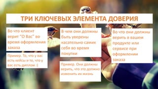 ТРИ КЛЮЧЕВЫХ ЭЛЕМЕНТА ДОВЕРИЯ
Во что клиент
верит “О Вас” во
время оформления
заказа
Пример. То, что у вас
есть кейсы и то, что у
вас есть диплом :)
В чем они должны
быть уверены
касательно самих
себя во время
покупки
Пример. Они должны
верить, что это должно
изменить их жизнь
Во что они должны
верить в вашем
продукте или
сервисе при
оформлении
заказа
 