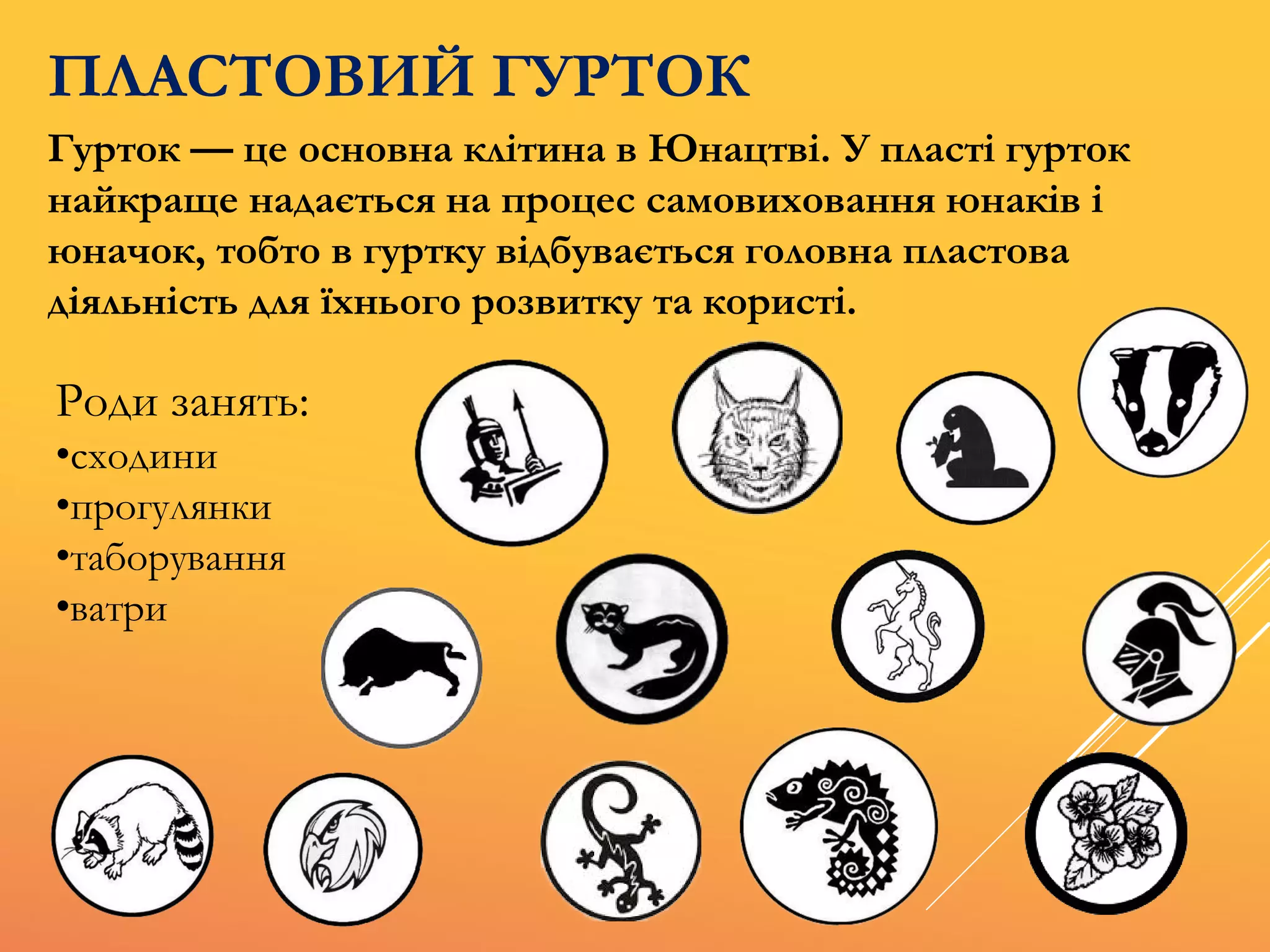 ПЛАСТОВИЙ ГУРТОК
Гурток — це основна клітина в Юнацтві. У пласті гурток
найкраще надається на процес самовиховання юнаків і
юначок, тобто в гуртку відбувається головна пластова
діяльність для їхнього розвитку та користі.
Роди занять:
•сходини
•прогулянки
•таборування
•ватри
 