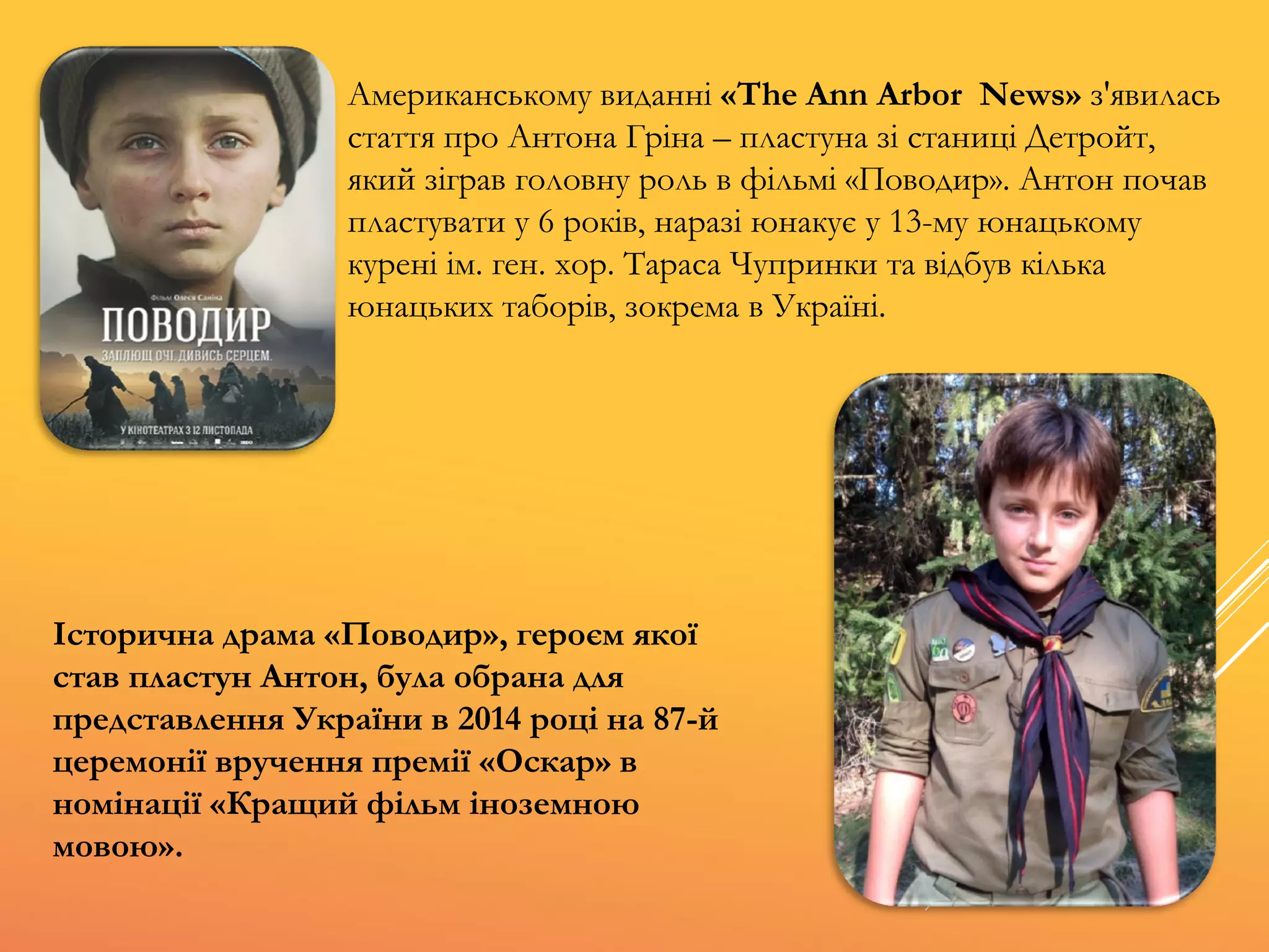 Американському виданні «The Ann Arbor News» з'явилась
стаття про Антона Гріна – пластуна зі станиці Детройт,
який зіграв головну роль в фільмі «Поводир». Антон почав
пластувати у 6 років, наразі юнакує у 13-му юнацькому
курені ім. ген. хор. Тараса Чупринки та відбув кілька
юнацьких таборів, зокрема в Україні.
Історична драма «Поводир», героєм якої
став пластун Антон, була обрана для
представлення України в 2014 році на 87-й
церемонії вручення премії «Оскар» в
номінації «Кращий фільм іноземною
мовою».
 