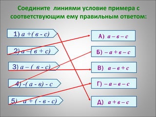 Соедините линиями условие примера с
соответствующим ему правильным ответом:
1) а +( в - с)
2) а –( в + с)
3) а – ( в - с)
5) - а + ( - в - с)
4) -( а - в) - с
А) а – в – с
Г) – а – в – с
Б) – а + в – с
В) а – в + с
Д) а + в – с
 