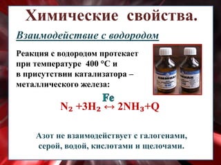 Химические свойства.
Взаимодействие с водородом
Реакция с водородом протекает
при температуре 400 °С и
в присутствии катализатора –
металлического железа:
Азот не взаимодействует с галогенами,
серой, водой, кислотами и щелочами.
 