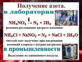 Получение азота.
реакция разложения нитрита аммония:
Выделение из сжиженного воздуха.
чистый азот получают при нагревании
аммоний хлорида с натрия нитритом.
 