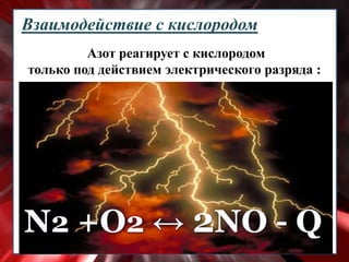 Взаимодействие с кислородом
Азот реагирует с кислородом
только под действием электрического разряда :
 