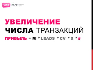 УВЕЛИЧЕНИЕ
ЧИСЛА ТРАНЗАКЦИЙ
ПРИБЫЛЬ = M * LEADS * CV * $ * #
 