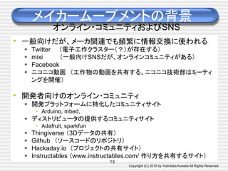 Copyright (C) 2015 by Yoshitaka Kuwata All Rights Reserved	
メイカームーブメントの背景
オンライン・コミュニティおよびSNS
•  一般向けだが、メーカ関連でも頻繁に情報交換に使われる
§  Twitter　　（電子工作クラスター（？）が存在する）
§  mixi　　　　（一般向けSNSだが、オンラインコミュニティがある）
§  Facebook　
§  ニコニコ動画　（工作物の動画を共有する。ニコニコ技術部はミーティ
ングを開催）
•  開発者向けのオンライン・コミュニティ
§  開発プラットフォームに特化したコミュニティサイト
•  Arduino, mbed,
§  ディストリビュータの提供するコミュニティサイト
•  Adafruit, sparkfun
§  Thingiverse （3Dデータの共有）
§  Github　（ソースコードのリポジトリ）
§  Hackaday.io （プロジェクトの共有サイト）
§  Instructables （www.instructables.com/ 作り方を共有するサイト）
13
 