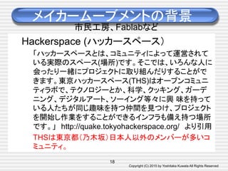 Copyright (C) 2015 by Yoshitaka Kuwata All Rights Reserved	
メイカームーブメントの背景
市民工房、Fablabなど
Hackerspace (ハッカースペース）
「ハッカースペースとは、コミュニティによって運営されて
いる実際のスペース(場所)です。そこでは、いろんな人に
会ったり一緒にプロジェクトに取り組んだりすることがで
きます。東京ハッカースペース(THS)はオープンコミュニ
ティラボで、テクノロジーとか、科学、クッキング、ガーデ
ニング、デジタルアート、ソーイング等々に興 味を持って
いる人たちが同じ趣味を持つ仲間を見つけ、プロジェクト
を開始し作業をすることができるインフラも備え持つ場所
です。」　http://quake.tokyohackerspace.org/　より引用
THSは東京都（乃木坂）日本人以外のメンバーが多いコ
ミュニティ。
　 18
 