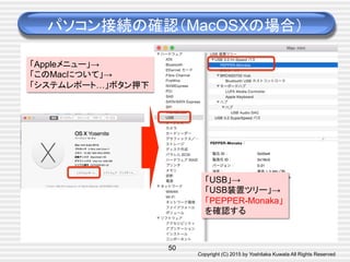 Copyright (C) 2015 by Yoshitaka Kuwata All Rights Reserved	
パソコン接続の確認（MacOSXの場合）	
50
「Appleメニュー」→
「このMacについて」→
「システムレポート…」ボタン押下	
「USB」→
「USB装置ツリー」→
「PEPPER-Monaka」
を確認する	
 