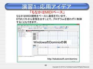 Copyright (C) 2015 by Yoshitaka Kuwata All Rights Reserved	
演習１：応用アイデア	
60
もなかはMIDI規格をベースに通信を行います。
DTMソフトから音程を出すことで、プログラムを使わずに制御
することもできます。
WindowsのDominioの例
http://takabosoft.com/domino	
「もなかはMIDIベース」	
 