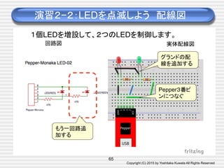 Copyright (C) 2015 by Yoshitaka Kuwata All Rights Reserved	
65
演習２−２：LEDを点滅しよう　配線図	
回路図	
 実体配線図	
グランドの配
線を追加する	
Pepper３番ピ
ンにつなぐ	
もう一回路追
加する	
１個LEDを増設して、２つのLEDを制御します。	
 