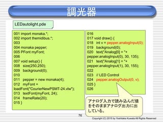 Copyright (C) 2015 by Yoshitaka Kuwata All Rights Reserved	
調光器	
001 import monaka.*;
002 import themidibus.*;
003
004 monaka pepper;
005 PFont myFont;
006
007 void setup() {
008 size(250,250);
009 background(0);
010
011 pepper = new monaka(4);
012 myFont =
loadFont("CourierNewPSMT-24.vlw");
013 textFont(myFont, 24);
014 frameRate(20);
015 }
76
016
017 void draw() {
018 int v = pepper.analogInput(0);
019 background(0);
020 text("Analog[0] = "+
pepper.analogInput(0), 30, 135);
021 text("Analog[1] = "+
pepper.analogInput(1), 30, 155);
022
023 // LED Control
024 pepper.analogOutput(0, v);
025 }
026
アナログ入力で読み込んだ値
をそのままアナログ出力に出
している。	
LEDautolight.pde	
 