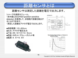 Copyright (C) 2015 by Yoshitaka Kuwata All Rights Reserved	
距離センサとは	
78
距離センサは測定した距離を電圧で出力します。	
シャープの測距モジュール。
・赤外線ＬＥＤとＰＳＤ（position sensitive
detector) を使用して、非接触で距離を検出す
ることができます。
・測定した距離をアナログ電圧で出力します。	
	
■測距範囲：１０〜８０ｃｍ	
■出力：アナログ電圧出力	
■寸法：２９．５×１３×１３．５ｍｍ	
■用途：ロボット・アミューズメント等	
■電源：４．５〜５．５Ｖ	
 