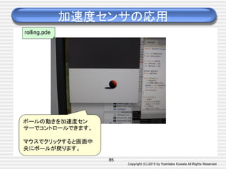 Copyright (C) 2015 by Yoshitaka Kuwata All Rights Reserved	
加速度センサの応用	
85
ボールの動きを加速度セン
サーでコントロールできます。	
	
マウスでクリックすると画面中
央にボールが戻ります。	
rolling.pde	
 