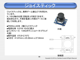Copyright (C) 2015 by Yoshitaka Kuwata All Rights Reserved	
ジョイスティック	
86
ジョイスティックは、携帯ゲーム機などで利用され
ています。
X、Yの２軸の位置（回転角）が測定できます。
抵抗体なので、片側を電源に片側をアースに接
続して利用します。
■PARALLAX社　2軸ジョイスティック
■電源仕様　0.01W 10VDC最大
■インタフェース　１０KΩポテンショメータ（グランド
共通）
■動作温度　０℃から７０℃
■大きさ　41.67mm x 25.56mm x 27.94mm
外観	
接続図	
 