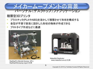 Copyright (C) 2015 by Yoshitaka Kuwata All Rights Reserved	
積層型3Dプリンタ
•  プラスチック(PLAやABS)を溶かして積層させて形状を構成する
•  金型が不要で容易に設計した形状の物体が作成できる
•  プロトタイプ作成などに最適
メイカームーブメントの背景
パーソナル（デスクトップ）ファブリケーション
9
RepRapPro Mendel (license: GPL)	
RepRapWiki(reprap.org)より引用
MakerBot Replicator	
　www.makerbot.comより引用	
 