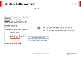 시스템 해킹11. Stack buffer overflow
문제 분석
버퍼 오버플로우의 취약점에 대한 공격 기법 이해
포맷 스트링의 개념 이해 및 취약점에 대한 공격 기법
© 2015 TigerTeamAcademy, Inc. All rights reserved.
38
버퍼 오버플로우의 취약점에 대한 공격 기법 이해
포맷 스트링의 개념 이해 및 취약점에 대한 공격 기법
버퍼 오버플로우 취약점
포맷스트링 오버플로우 취약점
 