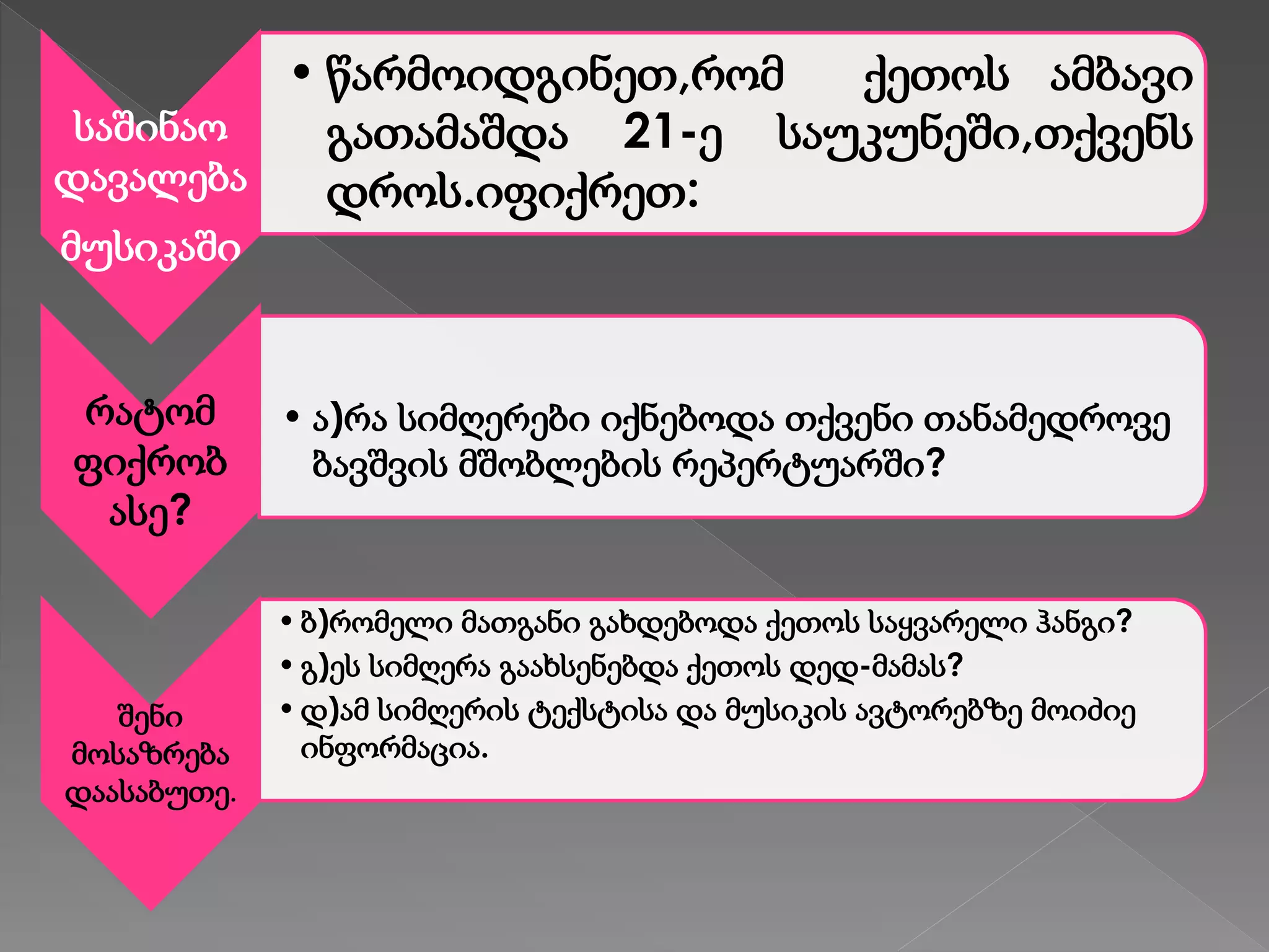 საშინაო
დავალება
მუსიკაში
• წარმოიდგინეთ,რომ ქეთოს ამბავი
გათამაშდა 21-ე საუკუნეში,თქვენს
დროს.იფიქრეთ:
რატომ
ფიქრობ
ასე?
• ა)რა სიმღერები იქნებოდა თქვენი თანამედროვე
ბავშვის მშობლების რეპერტუარში?
შენი
მოსაზრება
დაასაბუთე.
•ბ)რომელი მათგანი გახდებოდა ქეთოს საყვარელი ჰანგი?
•გ)ეს სიმღერა გაახსენებდა ქეთოს დედ-მამას?
•დ)ამ სიმღერის ტექსტისა და მუსიკის ავტორებზე მოიძიე
ინფორმაცია.
 
