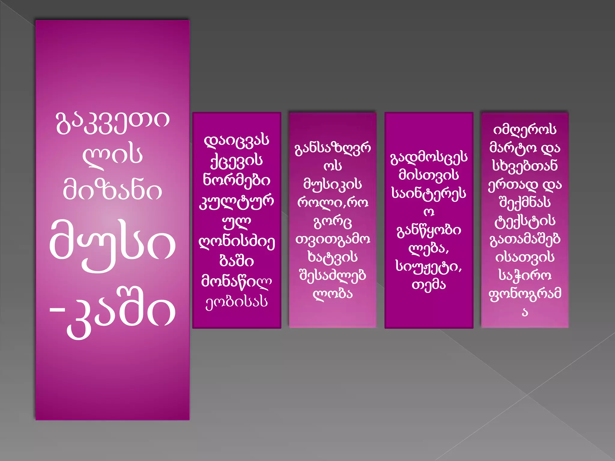 გაკვეთი
ლის
მიზანი
მუსი
-კაში
დაიცვას
ქცევის
ნორმები
კულტურ
ულ
ღონისძიე
ბაში
მონაწილ
ეობისას
განსაზღვრ
ოს
მუსიკის
როლი,რო
გორც
თვითგამო
ხატვის
შესაძლებ
ლობა
გადმოსცეს
მისთვის
საინტერეს
ო
განწყობი
ლება,
სიუჟეტი,
თემა
იმღეროს
მარტო და
სხვებთან
ერთად და
შექმნას
ტექსტის
გათამაშებ
ისათვის
საჭირო
ფონოგრამ
ა
 