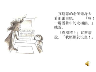 瓦斯蒂的老師俯身去
看那張白紙。 「啊！
一場雪暴中的北極熊，」
她說。
「真滑稽！」瓦斯蒂
說。「我壓根就沒畫！」
 