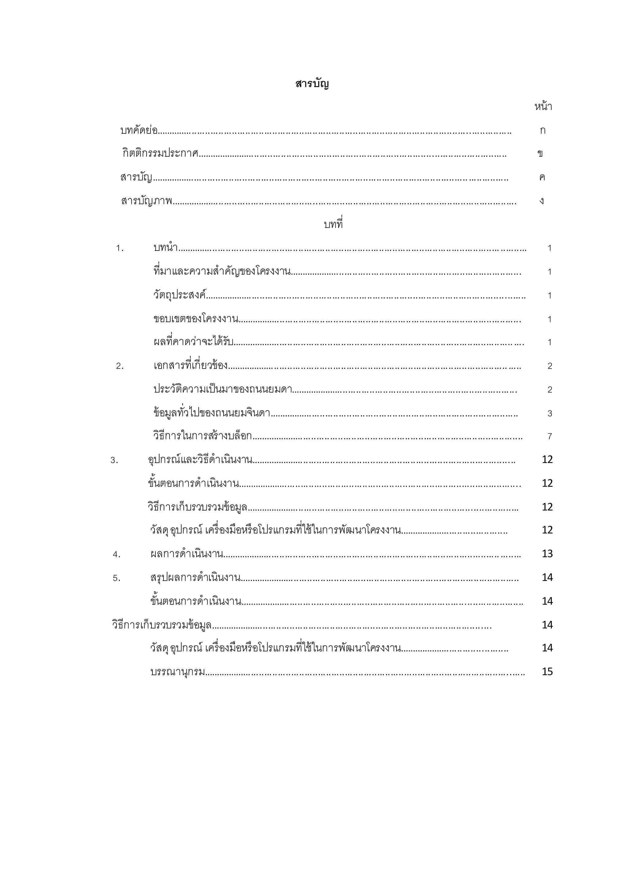 สารบัญ
หน้า
บทคัดย่อ..................................................................................................................................... ก
กิตติกรรมประกาศ..................................................................................................................... ข
สารบัญ...................................................................................................................................... ค
สารบัญภาพ.................................................................................................................................. ง
บทที่
1. บทนา................................................................................................................................... 1
ที่มาและความสาคัญของโครงงาน........................................................................................ 1
วัตถุประสงค์......................................................................................................................... 1
ขอบเขตของโครงงาน........................................................................................................... 1
ผลที่คาดว่าจะได้รับ.............................................................................................................. 1
2. เอกสารที่เกี่ยวข้อง............................................................................................................... 2
ประวัติความเป็นมาของถนนยมดา...................................................................................... 2
ข้อมูลทั่วไปของถนนยมจินดา.............................................................................................. 3
วิธีการในการสร้างบล็อก....................................................................................................... 7
3. อุปกรณ์และวิธีดาเนินงาน.................................................................................................... 12
ขั้นตอนการดาเนินงาน........................................................................................................... 12
วิธีการเก็บรวบรวมข้อมูล....................................................................................................... 12
วัสดุอุปกรณ์ เครื่องมือหรือโปรแกรมที่ใช้ในการพัฒนาโครงงาน.......................................... 12
4. ผลการดาเนินงาน................................................................................................................. 13
5. สรุปผลการดาเนินงาน.......................................................................................................... 14
ขั้นตอนการดาเนินงาน........................................................................................................... 14
วิธีการเก็บรวบรวมข้อมูล.......................................................................................................... 14
วัสดุอุปกรณ์ เครื่องมือหรือโปรแกรมที่ใช้ในการพัฒนาโครงงาน.......................................... 14
บรรณานุกรม......................................................................................................................... 15
 