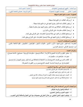 44
 
  
  
1 
 
‫ﺑﺴﯿﻄﺔ‬ ‫ﻛﮭﺮﺑﺎﺋﯿﺔ‬ ‫دارة‬ ‫اﻟﻄﺎﻟﺐ‬ ‫ﯾﺮﻛﺐ‬ ‫أن‬.
‫ﺑﺴﯿﻄﺔ‬ ‫ﻛﮭﺮﺑﺎﺋﯿﺔ‬ ‫دارة‬ ‫ﻓﻲ‬ ‫اﻟﺠﮭﺪ‬ ‫وﻓﺮق‬ ‫اﻟﺘﯿﺎر‬ ‫ﺷﺪة‬ ‫اﻟﻄﺎﻟﺐ‬ ‫ﯾﻘﯿﺲ‬ ‫ان‬.
‫ﺑﯿﻦ‬ ‫اﻟﻌﻼﻗﺔ‬ ‫اﻟﻄﺎﻟﺐ‬ ‫ﯾﺴﺘﻨﺘﺞ‬ ‫ان‬‫ﺧﻄﯿﺔ‬ ‫ﻣﻘﺎوﻣﺔ‬ ‫ﺣﻮل‬ ‫اﻟﺠﮭﺪ‬ ‫وﻓﺮق‬ ‫اﻟﺘﯿﺎر‬ ‫ﺷﺪة‬.
‫واﻟﺘﻮازي‬ ‫اﻟﺘﻮاﻟﻲ‬ ‫ﻋﻠﻰ‬ ‫ﻣﻘﺎوﻣﺎت‬ ‫اﻟﻄﺎﻟﺐ‬ ‫ﯾﺼﻞ‬ ‫ان‬.
‫ﺛﺎﺑﺖ‬ ‫ﯾﺒﻘﻰ‬ ‫اﻟﺘﻮاﻟﻲ‬ ‫ﻋﻠﻰ‬ ‫اﻟﻤﻘﺎوﻣﺎت‬ ‫ﺗﻮﺻﯿﻞ‬ ‫ﺣﺎﻟﺔ‬ ‫ﻓﻲ‬ ‫اﻟﺘﯿﺎر‬ ‫ان‬ ‫اﻟﻄﺎﻟﺐ‬ ‫ﯾﺴﺘﻨﺘﺞ‬ ‫ان‬.
‫ﺛﺎﺑﺖ‬ ‫ﯾﺒﻘﻰ‬ ‫اﻟﺘﻮازي‬ ‫ﻋﻠﻰ‬ ‫اﻟﻤﻘﺎوﻣﺎت‬ ‫ﺗﻮﺻﯿﻞ‬ ‫ﺣﺎﻟﺔ‬ ‫ﻓﻲ‬ ‫اﻟﺠﮭﺪ‬ ‫ﻓﺮق‬ ‫ان‬ ‫اﻟﻄﺎﻟﺐ‬ ‫ﯾﺴﺘﻨﺘﺞ‬ ‫ان‬.
 
‫اﻻ‬ ، ‫اﻟﺠﮭﺪ‬ ‫ﻓﺮق‬ ، ‫اﻟﺘﯿﺎر‬ ‫ﺷﺪة‬ ، ‫اﻟﻤﻘﺎوﻣﺔ‬‫ﻗﺎﻧﻮن‬ ، ‫اﻟﺪاﻓﻌﺔ‬ ‫اﻟﻘﻮة‬ ، ‫اﻟﻤﻠﺘﯿﻤﯿﺘﺮ‬ ، ‫اﻟﻔﻮﻟﺘﻤﯿﺘﺮ‬ ، ‫اﻻﻣﯿﺘﺮ‬ ،‫اﻟﻔﻮﻟﺖ‬ ، ‫اﻻﻣﺒﯿﺮ‬ ، ‫وم‬
‫اﻟﺘﻮازي‬ ‫ﺗﻮﺻﯿﻞ‬ ، ‫اﻟﺘﻮاﻟﻲ‬ ‫ﺗﻮﺻﯿﻞ‬ ، ‫اوم‬.
 
1-‫اﻟﻼزﻣﺔ‬ ‫اﻟﻤﺨﺒﺮﯾﺔ‬ ‫واﻻدوات‬ ‫اﻟﻌﻠﻮم‬ ‫ﻣﺨﺘﺒﺮ‬:‫ﻛﺮ‬ ‫ﻣﻘﺎوﻣﺎت‬ ، ‫ﺗﻮﺻﯿﻞ‬ ‫اﺳﻼك‬، ‫ﻣﺼﺒﺎح‬ ‫ﻗﺎﻋﺪة‬ ، ‫ﻣﺼﺎﺑﯿﺢ‬ ، ‫ﺑﻮﻧﯿﺔ‬
‫ﻣﻠﺘﯿﻤﺘﺮات‬ ، ‫ﻓﻮﻟﺘﻤﯿﺘﺮات‬ ، ‫اﻣﯿﺘﺮات‬.
2-‫اﻟﺘﺎﺳﻊ‬ ‫ﻟﻠﺼﻒ‬ ‫اﻟﻤﺪرﺳﻲ‬ ‫اﻟﻜﺘﺎب‬)‫ف‬2) (‫اﻻﻧﺸﻄﺔ‬5)‫اﻟﺠﮭﺪ‬ ‫وﻓﺮق‬ ‫ﻟﺘﯿﺎر‬ ‫ﺷﺪة‬ ‫ﺑﯿﻦ‬ ‫اﻟﻌﻼﻗﺔ‬(‫و‬6)‫ﺗﻮﺻﯿﻞ‬
‫اﻟﻤﻘﺎوﻣﺎت‬((‫اﻟﻤﺘﺤﺮﻛﺔ‬ ‫اﻟﻜﮭﺮﺑﺎء‬ ‫درس‬ ‫ﺿﻤﻦ‬ ‫اﻟﺘﺎﺳﻊ‬ ‫ﻟﻠﺼﻒ‬ ‫اﻟﺴﺎدﺳﺔ‬ ‫اﻟﻮﺣﺪة‬ ‫ﻣﻦ‬.
 
1-‫واﻟﺘﻮازي‬ ‫اﻟﺘﻮاﻟﻲ‬ ‫ﻋﻠﻰ‬ ‫اﻟﻤﻘﺎوﻣﺎت‬ ‫ﺗﻮﺻﯿﻞ‬ ‫اﻟﯿﺔ‬.
2-‫اﻟﻜﮭﺮﺑﺎﺋﻲ‬ ‫اﻟﺠﮭﺪ‬ ‫وﻓﺮق‬ ‫اﻟﺘﯿﺎر‬ ‫ﺷﺪة‬ ‫ﻗﯿﺎس‬.
3-‫اﻟﻤﺨﺘﺒﺮ‬ ‫ﻓﻲ‬ ‫ذاﻟﻚ‬ ‫وﻣﺤﺎﻛﺎت‬ ‫اﻟﻤﻨﺰﻟﺔ‬ ‫اﻟﻜﮭﺮﺑﺎء‬ ‫ﺷﺒﻜﺎت‬ ‫ﺗﻮﺻﯿﻞ‬ ‫طﺮق‬ ‫ﻋﻠﻰ‬ ‫اﻟﺘﻌﺮف‬.
4-‫ﺣﻮﻟﮭﺎ‬ ‫اﻟﺠﮭﺪ‬ ‫وﻓﺮق‬ ‫ﻛﺮﺑﻮﻧﯿﺔ‬ ‫ﻣﻘﺎوﻣﺔ‬ ‫اﻟﻤﺎرﻓﻲ‬ ‫اﻟﺘﯿﺎر‬ ‫ﺷﺪة‬ ‫ﺑﯿﻦ‬ ‫اﻟﻌﻼﻗﺔ‬ ‫اﺳﺘﻨﺘﺎج‬.
 
 
1
2
3 
 