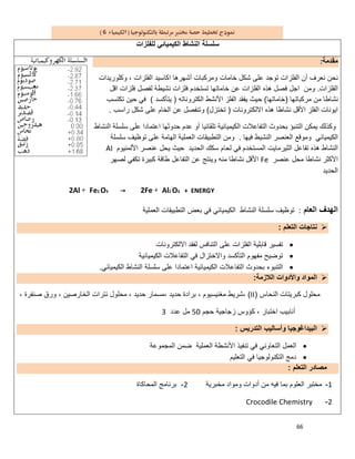66
6
‫ﻟﻠﻔﻠزات‬ ‫اﻟﻛﯾﻣﯾﺎﺋﻲ‬ ‫اﻟﻧﺷﺎط‬ ‫ﺳﻠﺳﻠﺔ‬
‫ﻣﻘدﻣﺔ‬:
‫اﻟﻔﻠ‬ ‫أن‬ ‫ﻧﻌرف‬ ‫ﻧﺣن‬‫وﻛﻠورﯾدات‬ ، ‫اﻟﻔﻠزات‬ ‫اﻛﺎﺳﯾد‬ ‫أﺷﮭرھﺎ‬ ‫وﻣرﻛﺑﺎت‬ ‫ﺧﺎﻣﺎت‬ ‫ﺷﻛل‬ ‫ﻋﻠﻰ‬ ‫ﺗوﺟد‬ ‫زات‬
‫اﻟﻔﻠزات‬.‫اﻗل‬ ‫ﻓﻠزات‬ ‫ﻟﻔﺻل‬ ‫ﻧﺷﯾطﺔ‬ ‫ﻓﻠزات‬ ‫ﺗﺳﺗﺧدم‬ ‫ﺧﺎﻣﺎﺗﮭﺎ‬ ‫ﻋن‬ ‫اﻟﻔﻠزات‬ ‫ھذه‬ ‫ﻓﺻل‬ ‫اﺟل‬ ‫وﻣن‬
‫ﻣرﻛﺑﺎﺗﮭﺎ‬ ‫ﻣن‬ ‫ﻧﺷﺎطﺎ‬)‫ﺧﺎﻣﺎﺗﮭﺎ‬(‫اﻟﻛﺗروﻧﺎﺗﮫ‬ ‫اﻷﻧﺷط‬ ‫اﻟﻔﻠز‬ ‫ﯾﻔﻘد‬ ‫ﺣﯾث‬)‫ﯾﺗﺄﻛﺳد‬(‫ﺗﻛﺗﺳب‬ ‫ﺣﯾن‬ ‫ﻓﻲ‬
‫ھ‬ ‫ﻧﺷﺎطﺎ‬ ‫اﻷﻗل‬ ‫اﻟﻔﻠز‬ ‫اﯾوﻧﺎت‬‫اﻻﻟﻛﺗروﻧﺎت‬ ‫ذه‬)‫ﺗﺧﺗزل‬(‫راﺳب‬ ‫ﺷﻛل‬ ‫ﻋﻠﻰ‬ ‫اﻟﺧﺎم‬ ‫ﻋن‬ ‫وﺗﻧﻔﺻل‬.
‫اﻟﻧﺷﺎط‬ ‫ﺳﻠﺳﻠﺔ‬ ‫ﻋﻠﻰ‬ ‫اﻋﺗﻣﺎدا‬ ‫ﺣدوﺛﮭﺎ‬ ‫ﻋدم‬ ‫أو‬ ‫ﺗﻠﻘﺎﺋﯾﺎ‬ ‫اﻟﻛﯾﻣﯾﺎﺋﯾﺔ‬ ‫اﻟﺗﻔﺎﻋﻼت‬ ‫ﺑﺣدوث‬ ‫اﻟﺗﻧﺑؤ‬ ‫ﯾﻣﻛن‬ ‫وﻛذﻟك‬
‫ﻓﯾﮭﺎ‬ ‫اﻟﻧﺷﯾط‬ ‫اﻟﻌﻧﺻر‬ ‫وﻣوﻗﻊ‬ ‫اﻟﻛﯾﻣﯾﺎﺋﻲ‬.‫ﺳﻠﺳﻠﺔ‬ ‫ﺗوظﯾف‬ ‫ﻋﻠﻰ‬ ‫اﻟﮭﺎﻣﺔ‬ ‫اﻟﻌﻣﻠﯾﺔ‬ ‫اﻟﺗطﺑﯾﻘﺎت‬ ‫وﻣن‬
‫اﻟﺛﯾر‬ ‫ﺗﻔﺎﻋل‬ ‫ھذه‬ ‫اﻟﻧﺷﺎط‬‫اﻷﻟﻣﻧﯾوم‬ ‫ﻋﻧﺻر‬ ‫ﯾﺣل‬ ‫ﺣﯾث‬ ‫اﻟﺣدﯾد‬ ‫ﺳﻛك‬ ‫ﻟﺣﺎم‬ ‫ﻓﻲ‬ ‫اﻟﻣﺳﺗﺧدم‬ ‫ﻣﺎﯾت‬Al
‫ﻋﻧﺻر‬ ‫ﻣﺣل‬ ‫ﻧﺷﺎطﺎ‬ ‫اﻷﻛﺛر‬Fe‫ﻟﺻﮭر‬ ‫ﺗﻛﻔﻲ‬ ‫ﻛﺑﯾرة‬ ‫طﺎﻗﺔ‬ ‫اﻟﺗﻔﺎﻋل‬ ‫ﻋن‬ ‫وﯾﻧﺗﺞ‬ ‫ﻣﻧﮫ‬ ‫ﻧﺷﺎطﺎ‬ ‫اﻷﻗل‬
‫اﻟﺣدﯾد‬
2Al + Fe2 O3 → 2Fe + Al2 O3 + ENERGY
‫اﻟﻌﺎم‬ ‫اﻟﮭدف‬:‫اﻟﻌﻣﻠﯾﺔ‬ ‫اﻟﺗطﺑﯾﻘﺎت‬ ‫ﺑﻌض‬ ‫ﻓﻲ‬ ‫اﻟﻛﯾﻣﯾﺎﺋﻲ‬ ‫اﻟﻧﺷﺎط‬ ‫ﺳﻠﺳﻠﺔ‬ ‫ﺗوظﯾف‬
‫اﻟﺗﻌﻠم‬ ‫ﻧﺗﺎﺟﺎت‬:
‫اﻻﻟﻛﺗروﻧﺎت‬ ‫ﻟﻔﻘد‬ ‫اﻟﺗﻧﺎﻓس‬ ‫ﻋﻠﻰ‬ ‫اﻟﻔﻠزات‬ ‫ﻗﺎﺑﻠﯾﺔ‬ ‫ﺗﻔﺳﯾر‬
‫اﻟﻛﯾﻣﯾﺎﺋﯾﺔ‬ ‫اﻟﺗﻔﺎﻋﻼت‬ ‫ﻓﻲ‬ ‫واﻻﺧﺗزال‬ ‫اﻟﺗﺄﻛﺳد‬ ‫ﻣﻔﮭوم‬ ‫ﺗوﺿﯾﺢ‬
‫اﻋﺗﻣ‬ ‫اﻟﻛﯾﻣﯾﺎﺋﯾﺔ‬ ‫اﻟﺗﻔﺎﻋﻼت‬ ‫ﺑﺣدوث‬ ‫اﻟﺗﻧﺑوء‬‫اﻟﻛﯾﻣﯾﺎﺋﻲ‬ ‫اﻟﻧﺷﺎط‬ ‫ﺳﻠﺳﻠﺔ‬ ‫ﻋﻠﻰ‬ ‫ﺎدا‬.
‫اﻟﻼزﻣﺔ‬ ‫واﻷدوات‬ ‫اﻟﻣواد‬:
‫اﻟﻧﺣﺎس‬ ‫ﻛﺑرﯾﺗﺎت‬ ‫ﻣﺣﻠول‬)II(، ‫ﺻﻧﻔرة‬ ‫ورق‬ ، ‫اﻟﺧﺎرﺻﯾن‬ ‫ﻧﺗرات‬ ‫ﻣﺣﻠول‬ ، ‫ﺣدﯾد‬ ‫،ﻣﺳﻣﺎر‬ ‫ﺣدﯾد‬ ‫ﺑرادة‬ ، ‫ﻣﻐﻧﯾﺳﯾوم‬ ‫،ﺷرﯾط‬
‫ﺣﺟم‬ ‫زﺟﺎﺟﯾﺔ‬ ‫ﻛؤوس‬ ، ‫اﺧﺗﺑﺎر‬ ‫أﻧﺎﺑﯾب‬50‫ﻋدد‬ ‫ﻣل‬3
‫ا‬ ‫وأﺳﺎﻟﯾب‬ ‫اﻟﺑﯾداﻏوﺟﯾﺎ‬‫ﻟﺗدرﯾس‬:
‫اﻟﻣﺟﻣوﻋﺔ‬ ‫ﺿﻣن‬ ‫اﻟﻌﻣﻠﯾﺔ‬ ‫اﻷﻧﺷطﺔ‬ ‫ﺗﻧﻔﯾذ‬ ‫ﻓﻲ‬ ‫اﻟﺗﻌﺎوﻧﻲ‬ ‫اﻟﻌﻣل‬
‫اﻟﺗﻌﻠﯾم‬ ‫ﻓﻲ‬ ‫اﻟﺗﻛﻧوﻟوﺟﯾﺎ‬ ‫دﻣﺞ‬
‫اﻟﺗﻌﻠم‬ ‫ﻣﺻﺎدر‬:
1-‫ﻣﺧﺑرﯾﺔ‬ ‫وﻣواد‬ ‫أدوات‬ ‫ﻣن‬ ‫ﻓﯾﮫ‬ ‫ﺑﻣﺎ‬ ‫اﻟﻌﻠوم‬ ‫ﻣﺧﺗﺑر‬2-‫اﻟﻣﺣﺎﻛﺎة‬ ‫ﺑرﻧﺎﻣﺞ‬
2-Crocodile Chemistry
 