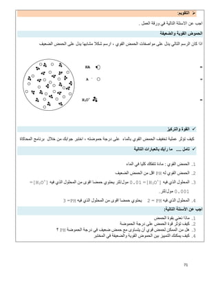 71
‫اﻟﺗﻘوﯾم‬:
‫اﻟﻌﻣل‬ ‫ورﻗﺔ‬ ‫ﻓﻲ‬ ‫اﻟﺗﺎﻟﯾﺔ‬ ‫اﻻﺳﺋﻠﺔ‬ ‫ﻋن‬ ‫اﺟب‬.
‫واﻟﺿﻌﯾﻔﺔ‬ ‫اﻟﻘوﯾﺔ‬ ‫اﻟﺣﻣوض‬
‫اﻟﺿﻌﯾف‬ ‫اﻟﺣﻣض‬ ‫ﻋﻠﻰ‬ ‫ﯾدل‬ ‫ﻣﺷﺎﺑﮭﺎ‬ ‫ﺷﻛﻼ‬ ‫ارﺳم‬ ، ‫اﻟﻘوي‬ ‫اﻟﺣﻣض‬ ‫ﻣواﺻﻔﺎت‬ ‫ﻋﻠﻰ‬ ‫ﯾدل‬ ‫اﻟﺗﺎﻟﻲ‬ ‫اﻟرﺳم‬ ‫ﻛﺎن‬ ‫اذا‬
HA =
A 
=
H3O+
=
‫واﻟﺘﺮﻛﯿﺰ‬ ‫اﻟﻘﻮة‬
‫ﺧﻼل‬ ‫ﻣن‬ ‫ﺟواﺑك‬ ‫اﺧﺗﺑر‬ ، ‫ﺣﻣوﺿﺗﮫ‬ ‫درﺟﺔ‬ ‫ﻋﻠﻰ‬ ‫ﺑﺎﻟﻣﺎء‬ ‫اﻟﻘوي‬ ‫اﻟﺣﻣض‬ ‫ﺗﺧﻔﯾف‬ ‫ﻋﻣﻠﯾﺔ‬ ‫ﺗؤﺛر‬ ‫ﻛﯾف‬‫ﺑرﻧﺎﻣﺞ‬‫اﻟﻣﺣﺎﻛﺎة‬
‫ﺗﺎﻣﻞ‬....‫اﻟﺘﺎﻟﯿﺔ‬ ‫ﺑﺎﻟﻌﺒﺎرات‬ ‫رأﯾﻚ‬ ‫ﻣﺎ‬
1.‫اﻟﻘﻮي‬ ‫اﻟﺤﻤﺾ‬:‫اﻟﻤﺎء‬ ‫ﻓﻲ‬ ‫ﻛﻠﯿﺎ‬ ‫ﺗﺘﻔﻜﻚ‬ ‫ﻣﺎدة‬
2.‫ﻟﮫ‬ ‫اﻟﻘﻮي‬ ‫اﻟﺤﻤﺾ‬PH‫اﻟﻀﻌﯿﻒ‬ ‫اﻟﺤﻤﺾ‬ ‫ﻣﻦ‬ ‫اﻗﻞ‬
3.‫ﻓﯿﮫ‬ ‫اﻟﺬي‬ ‫اﻟﻤﺤﻠﻮل‬[H3O+
]=0.01‫ﻣﻮل‬/‫ﻓﯿﮫ‬ ‫اﻟﺬي‬ ‫اﻟﻤﺤﻠﻮل‬ ‫ﻣﻦ‬ ‫اﻗﻮى‬ ‫ﺣﻤﻀﺎ‬ ‫ﯾﺤﺘﻮي‬ ‫ﻟﺘﺮ‬[H3O+
]=
0.001‫ﻣﻮل‬/‫ﻟﺘﺮ‬.
4.‫ﻓﯿﮫ‬ ‫اﻟﺬي‬ ‫اﻟﻤﺤﻠﻮل‬PH=2‫ﻣﻦ‬ ‫اﻗﻮى‬ ‫ﺣﻤﻀﺎ‬ ‫ﯾﺤﺘﻮي‬‫ﻓﯿﮫ‬ ‫اﻟﺬي‬ ‫اﻟﻤﺤﻠﻮل‬PH=3
‫اﻟﺘﺎﻟﯿﺔ‬ ‫اﻷﺳﺌﻠﺔ‬ ‫ﻋﻦ‬ ‫اﺟﺐ‬:
1.‫اﻟﺤﻤﺾ‬ ‫ﺑﻘﻮة‬ ‫ﻧﻌﻨﻲ‬ ‫ﻣﺎذا‬
2.‫اﻟﺤﻤﻮﺿﺔ‬ ‫درﺟﺔ‬ ‫ﻋﻠﻰ‬ ‫اﻟﺤﻤﺾ‬ ‫ﻗﻮة‬ ‫ﺗﺆﺛﺮ‬ ‫ﻛﯿﻒ‬
3.‫اﻟﺤﻤﻮﺿﺔ‬ ‫درﺟﺔ‬ ‫ﻓﻲ‬ ‫ﺿﻌﯿﻒ‬ ‫ﺣﻤﺾ‬ ‫ﻣﻊ‬ ‫ﯾﺘﺴﺎوى‬ ‫أن‬ ‫ﻗﻮي‬ ‫ﻟﺤﻤﺾ‬ ‫اﻟﻤﻤﻜﻦ‬ ‫ﻣﻦ‬ ‫ھﻞ‬PH‫؟‬
4.‫اﻟﻤﺨﺘﺒﺮ‬ ‫ﻓﻲ‬ ‫واﻟﻀﻌﯿﻔﺔ‬ ‫اﻟﻘﻮﯾﺔ‬ ‫اﻟﺤﻤﻮض‬ ‫ﺑﯿﻦ‬ ‫اﻟﺘﻤﯿﯿﺰ‬ ‫ﯾﻤﻜﻨﻚ‬ ‫ﻛﯿﻒ‬
 
 
 