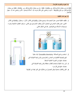 83
‫اﻟﻼزﻣﺔ‬ ‫واﻷدوات‬ ‫اﻟﻣواد‬:
100‫ﻣﺣﻠول‬ ‫ﻣن‬ ‫ﻣل‬0.5‫ﻣول‬/‫ﻣن‬ ‫ﻟﺗر‬CuSO4،100‫ﻣﺣﻠول‬ ‫ﻣن‬ ‫ﻣل‬0.5‫ﻣول‬/‫ﻣن‬ ‫ﻟﺗر‬ZnSO4،100‫ﻣﺣﻠول‬ ‫ﻣن‬
0.5‫ﻣول‬/‫ﻣﻠﺢ‬ ‫ﻣن‬ ‫ﻟﺗر‬Na2SO4‫ﺣرف‬ ‫ﺷﻛل‬ ‫ﻋﻠﻰ‬ ‫زﺟﺎﺟﻲ‬ ‫أﻧﺑوب‬ ،U‫ﻛﺄس‬ ، ‫ﺗوﺻﯾل‬ ‫أﺳﻼك‬ ،‫ﻋدد‬ ‫زﺟﺎﺟﻲ‬3‫ﺟﮭﺎز‬ ،
‫ﻓوﻟﺗﻣﯾﺗر‬.
‫اﻟﺗﻧﻔﯾذ‬ ‫إﺟراءات‬:
1.‫ﻣﺣﻠول‬ ‫ﺑوﺿﻊ‬ ‫اﻟﻣﺟﻣوﻋﺎت‬ ‫ﻋﻣل‬ ‫ﺿﻣن‬ ‫اﻟطﻠﺑﺔ‬ ‫ﺗﻛﻠﯾف‬CuSO4‫وﻣﺣﻠول‬ ، ‫اﻷول‬ ‫اﻟﻛﺄس‬ ‫ﻓﻲ‬ZnSO4‫اﻟﻛﺄس‬ ‫ﻓﻲ‬
‫وإﺟراء‬ ‫اﻟﻣﻠﺣﯾﺔ‬ ‫اﻟﻘﻧطرة‬ ‫ﺗرﻛﯾب‬ ، ‫اﻟﺛﺎﻧﻲ‬ ‫ﻓﻲ‬ ‫اﻟﺧﺎرﺻﯾن‬ ‫وﻗطب‬ ‫اﻷول‬ ‫اﻟﻣﺣﻠول‬ ‫ﻓﻲ‬ ‫اﻟﻧﺣﺎس‬ ‫ﻗطب‬ ‫ﻏﻣس‬ ،‫اﻟﺛﺎﻧﻲ‬
‫اﻟﻔوﻟ‬ ‫ﻣﻊ‬ ‫اﻷﺳﻼك‬ ‫ﺗوﺻﯾﻼت‬‫ﺗﻣﯾﺗر‬.‫اﻟﺷﻛل‬ ‫ﻓﻲ‬ ‫ﻛﻣﺎ‬‫اﻟﺗﺎﻟﻲ‬.
2.‫اﻟﻣﺣﺎﻛﺎة‬ ‫ﺑرﻧﺎﻣﺞ‬ ‫اﺳﺗﺧدم‬Crocodile chemistry‫ﺧﻠﯾﺔ‬ ‫ﻟﺑﻧﺎء‬
‫اﻟﺗﻲ‬ ‫اﻟﻔوﻟﺗﯾﺔ‬ ‫ﻗﯾﻣﺔ‬ ‫وﻗﺎرن‬ ‫واﻟﺧﺎرﺻﯾن‬ ‫اﻟﻧﺣﺎس‬ ‫ﻣن‬ ‫أﻗطﺎﺑﮭﺎ‬ ‫ﻛﮭروﻛﯾﻣﯾﺎﺋﯾﺔ‬
‫اﻟﺳﺎﺑﻘﺔ‬ ‫اﻟﻌﻠﻣﯾﺔ‬ ‫اﻟﺗﺟرﺑﺔ‬ ‫ﻣن‬ ‫ﻋﻠﯾﮭﺎ‬ ‫ﺣﺻﻠت‬.
3.‫اﻟﺗﻲ‬ ‫اﻟﻔوﻟﺗﯾﺔ‬ ‫ﻗﯾﻣﺔ‬ ‫وﻗﺎرن‬ ‫ﻣﺧﺗﻠﻔﺔ‬ ‫أﻗطﺎب‬ ‫ﺑﺎﺳﺗﺧدام‬ ‫اﻟﺧﻠﯾﺔ‬ ‫ﺑﻧﺎء‬ ‫ﻛرر‬
‫ﺣ‬‫ﻣرة‬ ‫ﻛل‬ ‫ﻓﻲ‬ ‫ﻋﻠﯾﮭﺎ‬ ‫ﺻﻠت‬
4.‫اﻟﻔوﻟﺗﯾﺔ‬ ‫ﻣن‬ ‫ﻗﯾﻣﺔ‬ ‫اﻛﺑر‬ ‫ﻋﻠﻰ‬ ‫ﺧﻼﻟﮭﺎ‬ ‫ﻣن‬ ‫اﻟﺣﺻول‬ ‫ﯾﻣﻛن‬ ‫ﻣﻌدﻧﯾﺔ‬ ‫أﻗطﺎب‬ ‫اﻗﺗرح‬
 