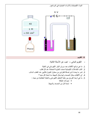 86
‫اﻟﺑرﻧﺎﻣﺞ‬ ‫ﻓﻲ‬ ‫اﻟﻣﺗوﻓرة‬ ‫واﻷدوات‬ ‫اﻟﻛﯾﻣﯾﺎﺋﯾﺔ‬ ‫اﻟﻣواد‬.
‫اﻟﺗﻘوﯾم‬
-‫اﻟﺑﻧﺎﺋﻲ‬ ‫اﻟﺗﻘوﯾم‬–‫اﻟﺗﺎﻟﯾﺔ‬ ‫اﻷﺳﺋﻠﺔ‬ ‫ﻋن‬ ‫اﺟب‬:
1.‫ھﻲ‬ ‫ﻣﺎ‬‫اﻟﺧﻠﯾﺔ‬ ‫ﻓﻲ‬ ‫اﻟﻛﮭرﺑﺎﺋﻲ‬ ‫اﻟﺗﯾﺎر‬ ‫ﺳرﯾﺎن‬ ‫ﺑﻌد‬ ‫اﻷﻗطﺎب‬ ‫ﻧواﺗﺞ‬
2.‫ﻗطب‬ ‫ﻛل‬ ‫ﻋﻧد‬ ‫اﻟﻣﺣﺗﻣﻠﺔ‬ ‫اﻟﺧﻠوﯾﺔ‬ ‫ﻧﺻف‬ ‫اﻟﻛﯾﻣﯾﺎﺋﯾﺔ‬ ‫اﻟﺗﻔﺎﻋﻼت‬ ‫اﻛﺗب‬
3.‫اﻟﺳﺎﻟب‬ ‫اﻟﻘطب‬ ‫ﻋﻧد‬ ‫ﻓﺛﺎﻟﯾﯾن‬ ‫اﻟﻔﯾﻧول‬ ‫ﻣﺣﻠول‬ ‫ﻣن‬ ‫ﻗطرﺗﯾن‬ ‫إﺿﺎﻓﺔ‬ ‫ﻟدى‬ ‫ﯾﺣدث‬ ‫ﻣﺎ‬ ‫ﻓﺳر‬
4.‫؟‬ ‫ﻣﻧﮭﺎ‬ ‫ﻛل‬ ‫ﺷﺣﻧﺔ‬ ‫،ﻣﺎ‬ ‫اﻟﻣﮭﺑط‬ ‫ﯾﻣﺛل‬ ‫وأﯾﮭﺎ‬ ‫اﻟﻣﺻﻌد‬ ‫ﯾﻣﺛل‬ ‫اﻷﻗطﺎب‬ ‫أي‬
5.‫اﻟﻔ‬ ‫أوﺟﮫ‬ ‫ھﻲ‬ ‫ﻣﺎ‬‫ﺣﯾث‬ ‫ﻣن‬ ‫اﻟﺟﻠﻔﺎﻧﯾﺔ‬ ‫واﻟﺧﻠﯾﺔ‬ ‫اﻟﻛﮭرﺑﺎﺋﻲ‬ ‫اﻟﺗﺣﻠﯾل‬ ‫ﺧﻠﯾﺔ‬ ‫ﺑﯾن‬ ‫روق‬:
‫اﻟطﺎﻗﺔ‬ ‫ﺗﺣوﻻت‬
‫واﻟﻣﮭﺑط‬ ‫اﻟﻣﺻﻌد‬ ‫ﻣن‬ ‫ﻛل‬ ‫ﺷﺣﻧﺔ‬
 