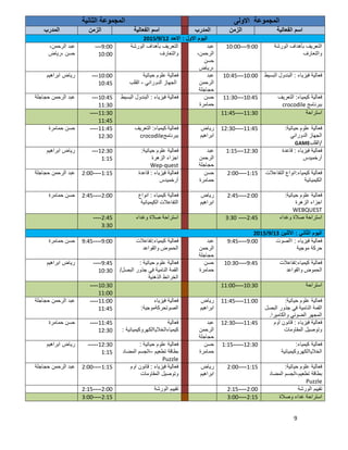 9
‫اﻟﺛﺎﻧﯾﺔ‬ ‫اﻟﻣﺟﻣوﻋﺔ‬ ‫اﻻوﻟﻰ‬ ‫اﻟﻣﺟﻣوﻋﺔ‬
‫اﻟﻣدرب‬ ‫اﻟزﻣن‬ ‫اﻟﻔﻌﺎﻟﯾﺔ‬ ‫اﺳم‬ ‫اﻟﻣدرب‬ ‫اﻟزﻣن‬ ‫اﻟﻔﻌﺎﻟﯾﺔ‬ ‫اﺳم‬
‫اﻻول‬ ‫اﻟﯾوم‬:‫اﻻﺣد‬12/9/2015
،‫اﻟرﺣﻣن‬ ‫ﻋﺑد‬
‫،رﯾﺎض‬ ‫ﺣﺳن‬
9:00—
10:00
‫اﻟورﺷﺔ‬ ‫ﺑﺄھداف‬ ‫اﻟﺗﻌرﯾف‬
‫واﻟﺗﻌﺎرف‬
‫ﻋﺑد‬
،‫اﻟرﺣﻣن‬
‫ﺣﺳن‬
‫،رﯾﺎض‬
9:00—10:00 ‫اﻟورﺷﺔ‬ ‫ﺑﺄھداف‬ ‫اﻟﺗﻌرﯾف‬
‫واﻟﺗﻌﺎرف‬
‫اﺑراھﯾم‬ ‫رﯾﺎض‬ 10:00---
10:45
‫ﺣﯾﺎﺗﯾﺔ‬ ‫ﻋﻠوم‬ ‫ﻓﻌﺎﻟﯾﺔ‬
‫اﻟدوراﻧﻲ‬ ‫اﻟﺟﮭﺎز‬-‫اﻟﻘﻠب‬
‫ﻋﺑد‬
‫اﻟرﺣﻣن‬
‫ﺣﺟﺎﺟﻠﺔ‬
10:00---10:45 ‫ﻓﯾزﯾﺎء‬ ‫ﻓﻌﺎﻟﯾﺔ‬:‫اﻟﺑﺳﯾط‬ ‫اﻟﺑﻧدول‬
‫ﺣﺟﺎﺟﻠﺔ‬ ‫اﻟرﺣﻣن‬ ‫ﻋﺑد‬ 10:45---
11:30
‫ﻓﯾزﯾﺎء‬ ‫ﻓﻌﺎﻟﯾﺔ‬:‫اﻟﺑﺳﯾط‬ ‫اﻟﺑﻧدول‬ ‫ﺣﺳن‬
‫ﺣﻣﺎﻣرة‬
10:45---11:30 ‫ﻛﯾﻣﯾﺎء‬ ‫ﻓﻌﺎﻟﯾﺔ‬:‫اﻟﺗﻌرﯾف‬
‫ﺑﺑرﻧﺎﻣﺞ‬crocodile
11:30----
11:45
11:30----11:45 ‫اﺳﺗراﺣﺔ‬
‫ﺣﻣﺎﻣرة‬ ‫ﺣﺳن‬ 11:45----
12:30
‫ﻓﻌﺎﻟﯾﺔ‬‫ﻛﯾﻣﯾﺎء‬:‫اﻟﺗﻌرﯾف‬
‫ﺑﺑرﻧﺎﻣﺞ‬crocodile
‫رﯾﺎض‬
‫اﺑراھﯾم‬
11:45----12:30 ‫ﺣﯾﺎﺗﯾﺔ‬ ‫ﻋﻠوم‬ ‫ﻓﻌﺎﻟﯾﺔ‬:
‫اﻟدوراﻧﻲ‬ ‫اﻟﺟﮭﺎز‬
/‫اﻟﻘﻠب‬GAME
‫اﺑراھﯾم‬ ‫رﯾﺎض‬ 12:30---
1:15
‫ﺣﯾﺎﺗﯾﺔ‬ ‫ﻋﻠوم‬ ‫ﻓﻌﺎﻟﯾﺔ‬:
‫اﻟزھرة‬ ‫اﺟزاء‬
Wep-quest
‫ﻋﺑد‬
‫اﻟرﺣﻣن‬
‫ﺣﺟﺎﺟﻠﺔ‬
12:30---1:15 ‫ﻓﯾزﯾﺎء‬ ‫ﻓﻌﺎﻟﯾﺔ‬:‫ﻗﺎﻋدة‬
‫أرﺧﻣﯾدس‬
‫ﺣﺟﺎﺟﻠﺔ‬ ‫اﻟرﺣﻣن‬ ‫ﻋﺑد‬ 1:15----2:00 ‫ﻓﯾ‬ ‫ﻓﻌﺎﻟﯾﺔ‬‫زﯾﺎء‬:‫ﻗﺎﻋدة‬
‫أرﺧﻣﯾدس‬
‫ﺣﺳن‬
‫ﺣﻣﺎﻣرة‬
1:15----2:00 ‫ﻛﯾﻣﯾﺎء‬ ‫ﻓﻌﺎﻟﯾﺔ‬:‫اﻧواع‬‫اﻟﺗﻔﺎﻋﻼت‬
‫اﻟﻛﯾﻣﯾﺎﺋﯾﺔ‬
‫ﺣﻣﺎﻣرة‬ ‫ﺣﺳن‬ 2:00----2:45 ‫ﻛﯾﻣﯾﺎء‬ ‫ﻓﻌﺎﻟﯾﺔ‬:‫اﻧواع‬
‫اﻟﺗﻔﺎﻋﻼت‬‫اﻟﻛﯾﻣﯾﺎﺋﯾﺔ‬
‫رﯾﺎض‬
‫اﺑراھﯾم‬
2:00----2:45 ‫ﺣﯾﺎﺗﯾﺔ‬ ‫ﻋﻠوم‬ ‫ﻓﻌﺎﻟﯾﺔ‬:
‫اﻟزھرة‬ ‫اﺟزاء‬
WEBQUEST
2:45----
3:30
‫ﺻﻼة‬ ‫اﺳﺗراﺣﺔ‬‫وﻏداء‬ 2:45----3:30 ‫وﻏداء‬ ‫ﺻﻼة‬ ‫اﺳﺗراﺣﺔ‬
‫اﻟﺛﺎﻧﻲ‬ ‫اﻟﯾوم‬:‫اﻻﺛﻧﯾن‬13/9/2015
‫ﺣﻣﺎﻣرة‬ ‫ﺣﺳن‬ 9:00----9:45 ‫ﻛﯾﻣﯾﺎء‬ ‫ﻓﻌﺎﻟﯾﺔ‬:‫ﺗﻔﺎﻋﻼت‬
‫اﻟﺣﻣوض‬‫واﻟﻘواﻋد‬
‫ﻋﺑد‬
‫اﻟرﺣﻣن‬
‫ﺣﺟﺎﺟﻠﺔ‬
9:00----9:45 ‫ﻓﯾزﯾﺎء‬ ‫ﻓﻌﺎﻟﯾﺔ‬:‫ااﻟﺻوت‬
‫ﻣوﺟﯾﺔ‬ ‫ﺣرﻛﺔ‬
‫اﺑراھﯾم‬ ‫رﯾﺎض‬ 9:45----
10:30
‫ﺣﯾﺎﺗﯾﺔ‬ ‫ﻋﻠوم‬ ‫ﻓﻌﺎﻟﯾﺔ‬:
‫اﻟﻘ‬‫اﻟﺑﺻل‬ ‫ﺟذور‬ ‫ﻓﻲ‬ ‫اﻟﻧﺎﻣﯾﺔ‬ ‫ﻣﺔ‬/
‫اﻟذھﻧﯾﺔ‬ ‫اﻟﺧراﺋط‬
‫ﺣﺳن‬
‫ﺣﻣﺎﻣرة‬
9:45----10:30 ‫ﻛﯾﻣﯾﺎء‬ ‫ﻓﻌﺎﻟﯾﺔ‬:‫ﺗﻔﺎﻋﻼت‬
‫اﻟﺣﻣوض‬‫واﻟﻘواﻋد‬
10:30----
11:00
10:30----11:00 ‫اﺳﺗراﺣﺔ‬
‫ﺣﺟﺎﺟﻠﺔ‬ ‫اﻟرﺣﻣن‬ ‫ﻋﺑد‬ 11:00----
11:45
‫ﻓﯾزﯾﺎء‬ ‫ﻓﻌﺎﻟﯾﺔ‬
‫اﻟﺻوﺗﺣرﻛﺔﻣوﺟﯾﺔ‬:
‫رﯾﺎض‬
‫اﺑراھﯾم‬
11:00----11:45 ‫ﻋﻠوم‬ ‫ﻓﻌﺎﻟﯾﺔ‬‫ﺣﯾﺎﺗﯾﺔ‬:
‫اﻟﺑﺻل‬ ‫ﺟذور‬ ‫ﻓﻲ‬ ‫اﻟﻧﺎﻣﯾﺔ‬ ‫اﻟﻘﻣﺔ‬
‫واﻟﻛﺎﻣﯾرا‬ ‫اﻟﺿوﺋﻲ‬ ‫اﻟﻣﺟﮭر‬.
‫ﺣﻣﺎﻣرة‬ ‫ﺣﺳن‬ 11:45----
12:30
‫ﻓﻌﺎﻟﯾﺔ‬
‫ﻛﯾﻣﯾﺎءاﻟﺧﻼﯾﺎاﻟﻛﮭروﻛﯾﻣﯾﺎﺋﯾﺔ‬:
‫ﻋﺑد‬
‫اﻟرﺣﻣن‬
‫ﺣﺟﺎﺟﻠﺔ‬
11:45----12:30 ‫ﻓﯾزﯾﺎء‬ ‫ﻓﻌﺎﻟﯾﺔ‬:‫أوم‬ ‫ﻗﺎﻧون‬
‫اﻟﻣﻘﺎوﻣﺎت‬ ‫وﺗوﺻﯾل‬
‫اﺑراھﯾم‬ ‫رﯾﺎض‬ 12:30-----
1:15
‫ﺣﯾﺎﺗﯾﺔ‬ ‫ﻋﻠوم‬ ‫ﻓﻌﺎﻟﯾﺔ‬:
‫ﺑطﺎ‬‫ﺗطﻌﯾم‬ ‫ﻗﺔ‬–‫اﻟﻣﺿﺎد‬ ‫اﻟﺟﺳم‬
Puzzle
‫ﺣﺳن‬
‫ﺣﻣﺎﻣرة‬
12:30-----1:15 ‫ﻛﯾﻣﯾﺎء‬ ‫ﻓﻌﺎﻟﯾﺔ‬:
‫اﻟﺧﻼﯾﺎاﻟﻛﮭروﻛﯾﻣﯾﺎﺋﯾﺔ‬
‫ﺣﺟﺎﺟﻠﺔ‬ ‫اﻟرﺣﻣن‬ ‫ﻋﺑد‬ 1:15----2:00 ‫ﻓﯾزﯾﺎء‬ ‫ﻓﻌﺎﻟﯾﺔ‬:‫اوم‬ ‫ﻗﺎﻧون‬
‫اﻟﻣﻘﺎوﻣﺎت‬ ‫وﺗوﺻﯾل‬
‫رﯾﺎض‬
‫اﺑراھﯾم‬
1:15----2:00 ‫ﺣﯾﺎﺗﯾﺔ‬ ‫ﻋﻠوم‬ ‫ﻓﻌﺎﻟﯾﺔ‬:
‫ﺗطﻌﯾم‬ ‫ﺑطﺎﻗﺔ‬-‫اﻟﻣﺿﺎد‬ ‫اﻟﺟﺳم‬
Puzzle
2:00----2:15 ‫اﻟورﺷﺔ‬ ‫ﺗﻘﯾﯾم‬ 2:00----2:15 ‫اﻟورﺷﺔ‬ ‫ﺗﻘﯾﯾم‬
2:15----3:00 2:15----3:00 ‫وﺻﻼة‬ ‫ﻏداء‬ ‫اﺳﺗراﺣﺔ‬
 
