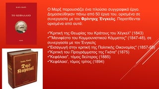 Ο Μαρξ παρουσιάζει ένα πλούσιο συγγραφικό έργο.
Δημοσιεύθηκαν πάνω από 50 έργα του, ορισμένα σε
συνεργασία με τον Φρίντριχ Ένγκελς. Παρατίθενται
ορισμένα από αυτά:
•"Κριτική της Θεωρίας του Κράτους του Χέγκελ" (1843)
•""Μανιφέστο του Κομμουνιστικού Κόμματος" (1847-48), σε
συνεργασία με τον Ένγκελς
•"Εισαγωγή στην κριτική της Πολιτικής Οικονομίας" (1857-58)
•"Κριτική του Προγράμματος της Γκότα" (1875)
•"Κεφάλαιο", τόμος δεύτερος (1885)
•"Κεφάλαιο', τόμος τρίτος (1894)
 