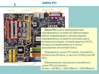 ШИНА PCI
Шина PCI (шина взаимодействия
периферийных устройств) обеспечивает
обмен информацией с контроллерами
периферийных устройств (сетевая карта,
встроенный модем, сетевой адаптер Wi-Fi),
которые устанавливаются в слоты
расширения системной платы.
Разрядность шины PCI может составлять
32 бита или 64 бита, а частота 33 МГц или 66
МГц.
Максимальная пропускная способность
шины PCI составляет:
64 Бит × 66 МГц = 4224 Мбит/с = 528 Мбайт/с.
 
