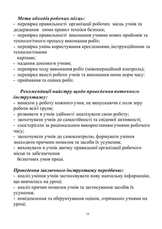 19
Мета обходів робочих місць:
- перевірка правильності організації робочих місць учнів та
додержання ними правил техніки безпеки;
- перевірка правильності виконання учнями нових прийомів та
технологічного процесу виконання робіт;
- перевірка умінь користування кресленнями, інструкційними та
технологічними
картами;
- надання допомоги учням;
- перевірка ходу виконання робіт (міжопераційний контроль);
- перевірка якості роботи учнів та виконання ними норм часу:
- приймання та оцінка робіт.
Рекомендації майстру щодо проведення поточного
інструктажу:
- вникати у роботу кожного учня, не випускаючи с поля зору
роботи всієї групи;
- розвивати в учнів здібності аналізувати свою роботу;
- заохочувати учнів до самостійності та свідомої активності;
- спостерігати за раціональним використанням учнями робочого
часу;
- заохочувати учнів до самоконтролю, формувати уміння
знаходити причини помилок та засоби їх усунення;
- виховувати в учнів звичку правильної організації робочого
місця та забезпечення
безпечних умов праці.
Проведення заключного інструктажу передбачає:
- аналіз уміння учнів застосовувати нову навчальну інформацію,
що вивчилась на уроці;
- аналіз причин помилок учнів та застосування засобів їх
усунення;
- повідомлення та обґрунтування оцінок, отриманих учнями на
уроці;
 