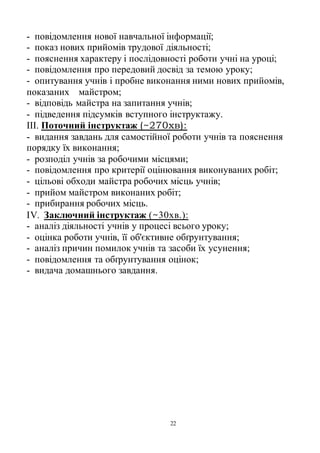 22
- повідомлення нової навчальної інформації;
- показ нових прийомів трудової діяльності;
- пояснення характеру і послідовності роботи учні на уроці;
- повідомлення про передовий досвід за темою уроку;
- опитування учнів і пробне виконання ними нових прийомів,
показаних майстром;
- відповідь майстра на запитання учнів;
- підведення підсумків вступного інструктажу.
III. Поточний інструктаж (~270хв):
- видання завдань для самостійної роботи учнів та пояснення
порядку їх виконання;
- розподіл учнів за робочими місцями;
- повідомлення про критерії оцінювання виконуваних робіт;
- цільові обходи майстра робочих місць учнів;
- прийом майстром виконаних робіт;
- прибирання робочих місць.
IV. Заключний інструктаж (~30хв.):
- аналіз діяльності учнів у процесі всього уроку;
- оцінка роботи учнів, її об'єктивне обґрунтування;
- аналіз причин помилок учнів та засоби їх усунення;
- повідомлення та обґрунтування оцінок;
- видача домашнього завдання.
 
