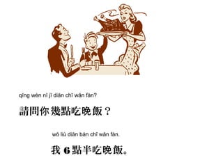 qĭng wèn nĭ jĭ diăn chī wăn fàn?
請問 幾點吃 飯？你 晚
wŏ liù diăn bàn chī wăn fàn.
我 6 點半吃 飯。晚
 