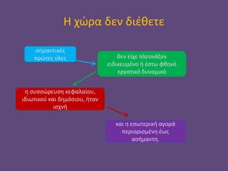 Η χώρα δεν διέθετε
σημαντικές
πρώτες ύλες δεν είχε πλεονάζον
ειδικευμένο ή έστω φθηνό
εργατικό δυναμικό
η συσσώρευση κεφαλ...