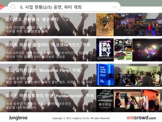 Copyright ⓒ 2015. Jungbros Co.,Inc. All rights Reserved
5. 사업 현황(2/5) 공연, 파티 개최
인디밴드 기부행사 ‘좋은파티‘
홍대 인디밴드 8팀과 뜻을 모아
기부를 위한 모금 공연을 기획
이태원 라이브 클럽파티 ‘포오브어카인드’ 주최
엔터크라우드 자체 브랜드 파티인 ‘포오브어카인드‘ 파티 주최
라이브 기타 공연과 DJ의 콜라보로 대성공
청담 갤러리 공연 ‘Bluesome Party’ 주최
미술과 음악의 만남.
청담 갤러리 ‘살롱드에이치’에서 열린 재즈, 어쿠스틱, DJ 파티
외국인 아티스트와의 만남 ‘#undercurrent’ 주최
국내 외국인 작가들의 작품과 음악이 어우러진
글로벌 네트워킹 파티
 