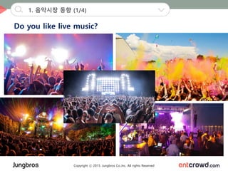 Copyright ⓒ 2015. Jungbros Co.,Inc. All rights Reserved
Do you like live music?
1. 음악시장 동향 (1/4)
 