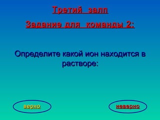 Третий залпТретий залп
Задание для команды 2:Задание для команды 2:
Определите какой ион находится вОпределите какой ион находится в
растворе:растворе:
неверноневерноверноверно
 