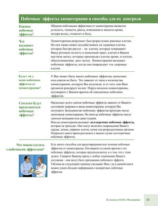 13Клиника ОАО «Медицина»
Побочные эффекты химиотерапии и способы для их контроля
Каковы
побочные
эффекты?
Общими побочными эффектами от химиотерапии являются
усталость, тошнота, рвота, изменения в анализе крови,
потеря волос, стоматит и боль.
Что
вызывает
побочные
эффекты?
Химиотерапия разрушает быстрорастущие раковые клетки.
Но она также может воздействовать на здоровые клетки,
которые быстро растут – на клетки, которые покрывают
Вашу ротовую полость и кишечный тракт, клетки в Вашем
костном мозге, которые производят клетки крови, и клетки,
обеспечивающие рост волос. Химиотерапия вызывает
побочные эффекты, когда она повреждает эти здоровые
клетки.
Будут ли у
меня побочные
эффекты от
химиотерапии?
У Вас может быть много побочных эффектов, несколько
или совсем не быть. Это зависит от типа и количества
химиотерапии, которую Вы получили, и от того, как Ваш
организм реагирует на нее. Перед началом химиотерапии,
поговорите с Вашим врачом об ожидаемых побочных
эффектах.
Сколько будут
продолжаться
побочные
эффекты?
Насколько долго длятся побочные эффекты зависит от Вашего
состояния здоровья и вида химиотерапии, которую Вы
получаете. Большинство побочных эффектов проходят после
окончания химиотерапии. Но иногда побочные эффекты могут
длиться месяцами или даже годами.
Иногда химиотерапия вызывает долгосрочные побочные эффекты,
которые не проходят. Они могут включать повреждение Вашего
сердца, легких, нервных клеток, почек или репродуктивных органов.
Попросите своего врача рассказать о вашем случае долгосрочных
побочных эффектах.
Что можно сделать
с побочными эффектами?
Есть много способов для предотвращения или лечения побочных
эффектов от химиотерапии. Поговорите со своим врачом о тех
побочных эффектах, которые предполагаются, и о том, что с этим
делать. Говорите Вашему врачу о любых изменениях Вашего
состояния – они могут быть признаками побочного эффекта.
Таблица на следующей странице указывает Вам, где в данной книге
можно узнать больше информации о конкретных побочных
эффектах.
 