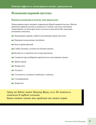 39Клиника ОАО «Медицина»
Побочные эффекты от химиотерапии и способы управления ими
Изменения нервной системы
Каковы изменения и почему они происходят
Химиотерапия может вызывать повреждение Вашей нервной системы. Многие
проблемы нервной системы улучшаются в течение года после окончания
химиотерапии, но некоторые могут остаться на всю жизнь Вот некоторые
возможные симптомы:
■■ Покалывание, жжение, слабость или онемение в руках или ногах
■■ Ощущение холода сильнее, чем обычно
■■ Боль во время прогулки
■■ Слабые, больные, усталые или ноющие мышцы
■■ Неловкость в движении или потеря равновесия
■■ Сложности при подбирании предметов или застегивании одежды
■■ Дрожь в руках
■■ Потеря слуха
■■ Усталость
■■ Спутанность сознания и проблемы с памятью
■■ Головокружение
■■ Депрессия
Сразу же дайте знать Вашему врачу, если Вы заметили
изменения в нервной системе.
Важно начать лечить эти проблемы как можно скорее.
 