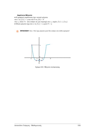 Ακρότατα-Μέγιστο
• Η γραφική παράσταση έχει τοπικά µέγιστα
στο α το f(α) = η και στο 0 το f(0) = θ
στα xo όπου ∀x που ανήκει σε µια περιοχή του xo ισχύει f(x) ≤ f(x0)
• Ολικό µέγιστο έχω στο α το f(α) = η γιατί θ < η
Ρ ΠΡΟΣΟΧΗ!!! Στο β δεν έχω µέγιστο γιατί δεν ανήκει στο πεδίο ορισµού!
Σχήµα 6.6: Μέγιστο συνάρτησης
Αποστόλου Γεώργιος - Μαθηµατικός 153
 