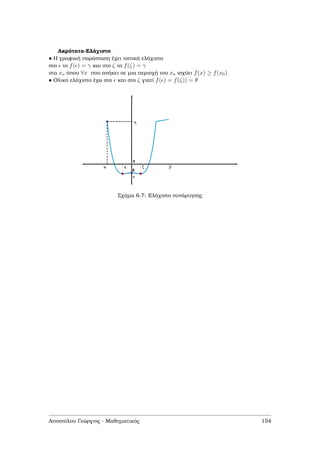 Ακρότατα-Ελάχιστο
• Η γραφική παράσταση έχει τοπικά ελάχιστα
στο το f( ) = γ και στο ζ το f(ζ) = γ
στα xo όπου ∀x που ανήκει σε µια περιοχή του xo ισχύει f(x) ≥ f(x0)
• Ολικό ελάχιστο έχω στο και στο ζ γιατί f( ) = f(ζ)) = θ
Σχήµα 6.7: Ελάχιστο συνάρτησης
Αποστόλου Γεώργιος - Μαθηµατικός 154
 