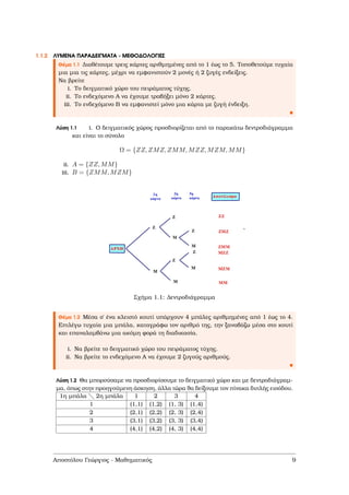 1.1.2 ΛΥΜΕΝΑ ΠΑΡΑ∆ΕΙΓΜΑΤΑ - ΜΕΘΟ∆ΟΛΟΓΙΕΣ
Θέµα 1.1 ∆ιαθέτουµε τρεις κάρτες αριθµηµένες από το 1 έως το 5. Τοποθετούµε τυχαία
µια µια τις κάρτες, µέχρι να εµφανιστούν 2 µονές ή 2 Ϲυγές ενδείξεις.
Να ϐρείτε
i. Το δειγµατικό χώρο του πειράµατος τύχης.
ii. Το ενδεχόµενο Α να έχουµε τραβήξει µόνο 2 κάρτες.
iii. Το ενδεχόµενο Β να εµφανιστεί µόνο µια κάρτα µε Ϲυγή ένδειξη.
Λύση 1.1 i. Ο δειγµατικός χώρος προσδιορίζεται από το παρακάτω δεντροδιάγραµµα
και είναι το σύνολο
Ω = {ZZ, ZMZ, ZMM, MZZ, MZM, MM}
ii. A = {ZZ, MM}
iii. B = {ZMM, MZM}
Σχήµα 1.1: ∆εντροδιάγραµµα
Θέµα 1.2 Μέσα σ΄ ένα κλειστό κουτί υπάρχουν 4 µπάλες αριθµηµένες από 1 έως το 4.
Επιλέγω τυχαία µια µπάλα, καταγράφω τον αριθµό της, την ξαναβάζω µέσα στο κουτί
και επαναλαµβάνω µια ακόµη ϕορά τη διαδικασία.
i. Να ϐρείτε το δειγµατικό χώρο του πειράµατος τύχης.
ii. Να ϐρείτε το ενδεχόµενο Α να έχουµε 2 Ϲυγούς αριθµούς.
Λύση 1.2 Θα µπορούσαµε να προσδιορίσουµε το δειγµατικό χώρο και µε δεντροδιάγραµ-
µα, όπως στην προηγούµενη άσκηση, άλλα τώρα ϑα δείξουµε τον πίνακα διπλής εισόδου.
1η µπάλα 2η µπάλα 1 2 3 4
1 (1,1) (1,2) (1, 3) (1,4)
2 (2,1) (2,2) (2, 3) (2,4)
3 (3,1) (3,2) (3, 3) (3,4)
4 (4,1) (4,2) (4, 3) (4,4)
Αποστόλου Γεώργιος - Μαθηµατικός 9
 