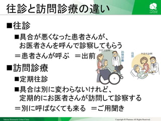 Sakura Shinmachi Urban Clinic Copyright © Platanus All Rights Reserved.
往診と訪問診療の違い
往診
具合が悪くなった患者さんが、
お医者さんを呼んで診察してもらう
＝患者さんが呼ぶ ＝出前
訪問診療
定期往診
具合は別に変わらないけれど、
定期的にお医者さんが訪問して診察する
＝別に呼ばなくても来る ＝ご用聞き
 