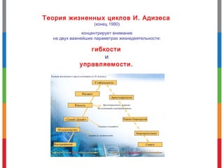 Теория жизненных циклов И. Адизеса
(конец 1980)
концентрирует внимание
на двух важнейших параметрах жизнедеятельности:
гибкости
и
управляемости.
 