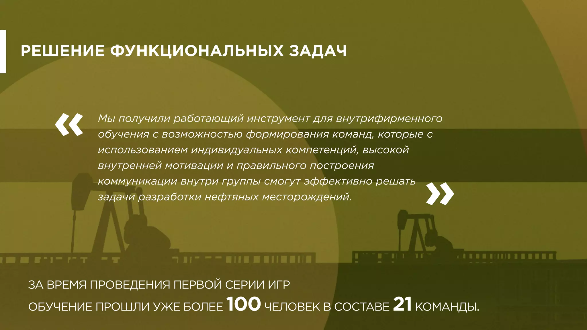 Мы получили работающий инструмент для внутрифирменного
обучения с возможностью формирования команд, которые с
использованием индивидуальных компетенций, высокой
внутренней мотивации и правильного построения
коммуникации внутри группы смогут эффективно решать
задачи разработки нефтяных месторождений.
РЕШЕНИЕ ФУНКЦИОНАЛЬНЫХ ЗАДАЧ
ЗА ВРЕМЯ ПРОВЕДЕНИЯ ПЕРВОЙ СЕРИИ ИГР
ОБУЧЕНИЕ ПРОШЛИ УЖЕ БОЛЕЕ 100ЧЕЛОВЕК В СОСТАВЕ 21КОМАНДЫ.
«
»
 