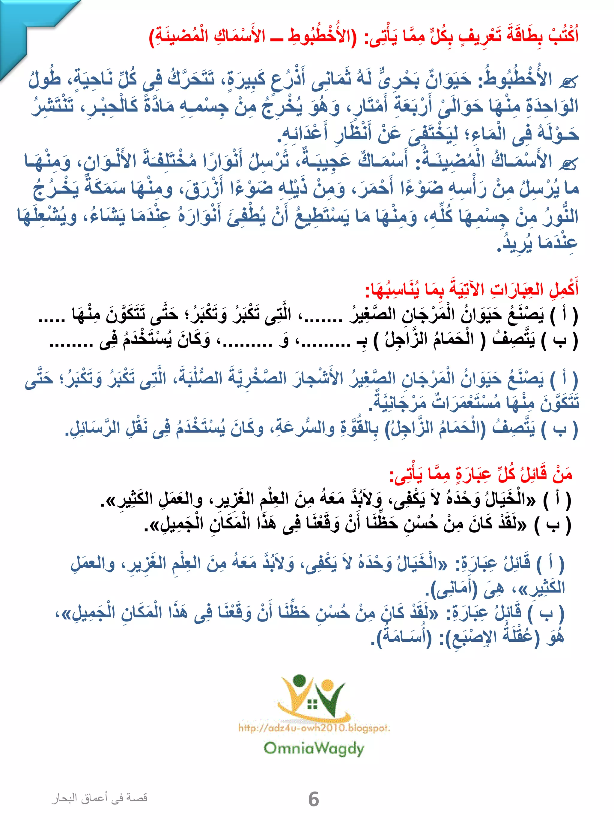 ‫ِى‬‫ت‬ْ‫أ‬َ‫ي‬ ‫ا‬َّ‫م‬ِ‫م‬ ٍّ‫ل‬ُ‫ك‬ِ‫ب‬ ‫يف‬ِ‫ر‬ْ‫ع‬َ‫ت‬ َ‫ة‬َ‫ق‬‫ا‬َ‫ط‬ِ‫ب‬ ْ‫ب‬ُ‫ت‬ْ‫ك‬ُ‫ا‬( :ِ‫ة‬َ‫ئ‬‫ضي‬ُ‫م‬ْ‫ل‬‫ا‬ ِ‫اك‬َ‫م‬ْ‫س‬َ‫األ‬ ‫ـــ‬ ِ‫وط‬ُ‫ب‬ُ‫ط‬ْ‫خ‬ُ‫األ‬)
ُُ‫ط‬‫و‬ُ‫ب‬ُ‫ط‬ ْ‫خ‬ُ‫األ‬:ُُ‫ل‬‫و‬ُ‫ط‬ُ،ٍ‫ة‬َ‫ي‬ِ‫ح‬‫ا‬َ‫ن‬ُِّ‫ل‬ُ‫ك‬ُ‫ى‬ِ‫ف‬ُُ‫ك‬َّ‫ر‬َ‫َح‬‫ت‬َ‫ت‬ُ،ٍ‫ة‬َ‫ر‬‫ي‬ِ‫ب‬َ‫ك‬ٍُ‫ع‬ُ‫ر‬ْ‫ذ‬َ‫ىُأ‬ِ‫ن‬‫ا‬َ‫م‬َ‫ث‬ُُ‫ه‬َ‫ل‬ٌُّ‫ى‬ِ‫ر‬ْ‫ح‬َ‫ب‬ٌُ‫ان‬َ‫و‬َ‫ي‬َ‫ح‬
ُُ‫ر‬ِ‫ش‬َ‫ت‬ْ‫ن‬َ‫ت‬ُ،ِ‫ر‬‫ـ‬ْ‫ب‬ِ‫ح‬ْ‫ل‬‫ا‬َ‫ك‬ًُ‫ة‬َّ‫د‬‫ا‬َ‫م‬ُِ‫ه‬ِ‫ـ‬‫م‬ْ‫س‬ِ‫ج‬ُ ْ‫ن‬ِ‫م‬ُُ‫ج‬ِ‫ر‬ْ‫خ‬ُ‫ي‬َُ‫و‬ُ‫ه‬َ‫و‬ُ،ٍ‫ر‬‫َا‬‫ت‬ْ‫م‬َ‫ُأ‬ِ‫ة‬َ‫ع‬َ‫ب‬ْ‫ر‬َ‫ُأ‬ْ‫ى‬َ‫ل‬‫ا‬َ‫و‬َ‫اُح‬َ‫ه‬ْ‫ن‬ِ‫م‬ُِ‫ة‬َ‫د‬ِ‫ح‬‫ا‬َ‫و‬‫ال‬
ُِ‫ه‬ِ‫ئ‬‫ا‬َ‫د‬ْ‫ع‬َ‫ُأ‬ِ‫ر‬‫ا‬َ‫ظ‬ْ‫ن‬َ‫ُأ‬ ْ‫ن‬َ‫ع‬َُ‫ى‬ِ‫ف‬َ‫ت‬ ْ‫خ‬َ‫ي‬ِ‫ل‬ُ‫؛‬ِ‫ء‬‫ا‬َ‫م‬ْ‫ل‬‫ىُا‬ِ‫ف‬ُُ‫ه‬َ‫ل‬ْ‫ـو‬َ‫ح‬.
ُُ‫ة‬‫َـ‬‫ئ‬‫ي‬ِ‫ض‬ُ‫م‬ْ‫ل‬‫ُُا‬‫ك‬‫ـا‬َ‫م‬ْ‫س‬َ‫األ‬:ُ‫ـا‬َ‫ه‬ْ‫ن‬ِ‫م‬َ‫،ُو‬ِ‫ن‬‫ا‬َ‫و‬‫ـ‬ْ‫ل‬َ‫ُاأل‬َ‫ة‬َ‫فـ‬ِ‫ل‬َ‫ت‬ ْ‫خ‬ُ‫م‬ُ‫ا‬ً‫ر‬‫ا‬َ‫و‬ْ‫ن‬َ‫ُأ‬ُ‫ل‬ِ‫س‬ْ‫ر‬ُ‫ت‬ُ،ٌ‫ة‬‫ـ‬َ‫ب‬‫ي‬ِ‫ج‬َ‫ع‬ٌُ‫ك‬‫ـا‬َ‫م‬ْ‫س‬َ‫أ‬
ُُ‫ج‬ُ‫ر‬‫ـ‬ ْ‫خ‬َ‫ي‬ٌُ‫ة‬َ‫ك‬َ‫م‬َ‫س‬ُ‫ا‬َ‫ه‬ْ‫ن‬ِ‫م‬‫،ُو‬َ‫ق‬َ‫ر‬ْ‫ز‬َ‫اُأ‬ً‫ء‬ْ‫و‬َ‫ُض‬ِ‫ه‬ِ‫ل‬ْ‫ي‬َ‫ذ‬ُ ْ‫ن‬ِ‫م‬َ‫،ُو‬َ‫ر‬َ‫م‬ْ‫ح‬َ‫اُأ‬ً‫ء‬ْ‫و‬َ‫ض‬ُِ‫ه‬ِ‫س‬ْ‫أ‬َ‫ر‬ُ ْ‫ن‬ِ‫م‬ُُ‫ل‬ِ‫س‬ْ‫ر‬ُ‫ي‬ ‫ما‬
ُ‫ا‬َ‫ه‬َ‫ل‬ِ‫ع‬ْ‫ش‬ُ‫ي‬‫،ُو‬ُ‫ء‬‫ا‬َ‫ش‬َ‫ي‬ُ‫ا‬َ‫م‬َ‫د‬ْ‫ن‬ِ‫ع‬ُُ‫ه‬َ‫ر‬‫ا‬َ‫و‬ْ‫ن‬َ‫ُأ‬َ‫ئ‬ِ‫ف‬ْ‫ط‬ُ‫ي‬ُ ْ‫ن‬َ‫ُأ‬ُ‫ع‬‫ي‬ِ‫ط‬َ‫ت‬ْ‫س‬َ‫ي‬ُ‫ا‬َ‫م‬ُ‫ا‬َ‫ه‬ْ‫ن‬ِ‫م‬َ‫،ُو‬ِ‫ه‬ِّ‫ل‬ُ‫ك‬ُ‫ا‬َ‫ه‬ِ‫م‬ْ‫س‬ِ‫ج‬ُ ْ‫ن‬ِ‫م‬ُُ‫ر‬‫و‬ُّ‫ن‬‫ال‬
ُُ‫د‬‫ي‬ِ‫ر‬ُ‫ي‬ُ‫ا‬َ‫م‬َ‫د‬ْ‫ن‬ِ‫ع‬.
‫ا‬َ‫ه‬ُ‫ب‬ِ‫اس‬َ‫ن‬ُ‫ي‬ ‫ا‬َ‫م‬ِ‫ب‬ َ‫ة‬َ‫ي‬ِ‫ت‬‫اآل‬ ِ‫ت‬‫ا‬َ‫ار‬َ‫ب‬ِ‫ع‬‫ال‬ ِ‫ِل‬‫م‬ْ‫ك‬َ‫أ‬:
(‫أ‬)ُ‫ر‬‫ِي‬‫غ‬َّ‫ص‬‫ال‬ ِ‫ان‬َ‫ج‬ْ‫ر‬َ‫م‬ْ‫ل‬‫ا‬ ُ‫ان‬ َ‫و‬َ‫ي‬َ‫ح‬ ُ‫ع‬َ‫ن‬ْ‫ص‬َ‫ي‬.......،‫ا‬َ‫ه‬ْ‫ن‬ِ‫م‬ َ‫ن‬ َّ‫و‬َ‫ك‬َ‫ت‬َ‫ت‬ ‫ى‬َّ‫ت‬َ‫ح‬ ‫؛‬ُ‫ر‬َ‫ب‬ْ‫ك‬َ‫ت‬ َ‫و‬ ُ‫ر‬َ‫ب‬ْ‫ك‬َ‫ت‬ ‫ِى‬‫ت‬َّ‫ل‬‫ا‬.....
(‫ب‬)ُ‫ف‬ ِ‫ص‬َّ‫ت‬َ‫ي‬(ُ‫ل‬ِ‫ج‬‫ا‬َّ‫الز‬ ُ‫م‬‫ا‬َ‫م‬َ‫ح‬ْ‫ل‬‫ا‬)‫ـ‬ِ‫ب‬.........،َ‫و‬.........،‫ِى‬‫ف‬ ُ‫م‬َ‫د‬ ْ‫خ‬َ‫ت‬ْ‫س‬ُ‫ي‬ َ‫ان‬َ‫ك‬ َ‫و‬........
(‫أ‬)‫ى‬َّ‫ت‬َ‫ح‬ ‫؛‬ُ‫ر‬َ‫ب‬ْ‫ك‬َ‫ت‬ َ‫و‬ ُ‫ر‬َ‫ب‬ْ‫ك‬َ‫ت‬ ‫ِى‬‫ت‬َّ‫ل‬‫ا‬ ،َ‫ة‬َ‫ب‬ْ‫ل‬ُّ‫ص‬‫ال‬ َ‫ة‬َّ‫ي‬ِ‫ر‬ْ‫خ‬َّ‫ص‬‫ال‬ َ‫جار‬ْ‫ش‬َ‫األ‬ ُ‫ر‬‫ِي‬‫غ‬َّ‫ص‬‫ال‬ ِ‫ان‬َ‫ج‬ْ‫ر‬َ‫م‬ْ‫ل‬‫ا‬ ُ‫ان‬ َ‫و‬َ‫ي‬َ‫ح‬ ُ‫ع‬َ‫ن‬ْ‫ص‬َ‫ي‬
ٌ‫ة‬َّ‫ي‬ِ‫ن‬‫ا‬َ‫ج‬ ْ‫ر‬َ‫م‬ ٌ‫ات‬َ‫ر‬َ‫م‬ْ‫ع‬َ‫ت‬ْ‫س‬ُ‫م‬ ‫ا‬َ‫ه‬ْ‫ن‬ِ‫م‬ َ‫ن‬ َّ‫و‬َ‫ك‬َ‫ت‬َ‫ت‬.
(‫ب‬)ُ‫ف‬ ِ‫ص‬َّ‫ت‬َ‫ي‬(ُ‫ل‬ِ‫ج‬‫ا‬َّ‫الز‬ ُ‫م‬‫ا‬َ‫م‬َ‫ح‬ْ‫ل‬‫ا‬)ِ‫ِل‬‫ئ‬‫ا‬َ‫س‬َّ‫الر‬ ِ‫ل‬ْ‫ق‬َ‫ن‬ ‫ِى‬‫ف‬ ُ‫م‬َ‫د‬ ْ‫خ‬َ‫ت‬ْ‫س‬ُ‫ي‬ َ‫ان‬َ‫ك‬‫و‬ ،ِ‫ة‬َ‫ع‬‫ر‬ُّ‫س‬‫وال‬ ِ‫ة‬ َّ‫و‬ُ‫ق‬‫ال‬ِ‫ب‬.
‫ِى‬‫ت‬ْ‫أ‬َ‫ي‬ ‫ا‬َّ‫م‬ِ‫م‬ ‫ة‬َ‫ار‬َ‫ب‬ِ‫ع‬ ِّ‫ل‬ُ‫ك‬ ُ‫ل‬ِ‫ئ‬‫ا‬َ‫ق‬ ْ‫ن‬َ‫م‬:
(‫أ‬)«ِ‫ِير‬‫ث‬َ‫ك‬‫ال‬ ِ‫ل‬َ‫م‬َ‫ع‬‫وال‬ ،ِ‫ير‬ِ‫ز‬َ‫غ‬‫ال‬ ِ‫م‬ْ‫ل‬ِ‫ع‬‫ال‬ َ‫ِن‬‫م‬ ُ‫ه‬َ‫ع‬َ‫م‬ َّ‫د‬ُ‫ب‬َ‫ال‬ َ‫و‬ ،‫ِى‬‫ف‬ْ‫ك‬َ‫ي‬ َ‫ال‬ ُ‫ه‬َ‫د‬ْ‫ح‬ َ‫و‬ ُ‫ل‬‫ا‬َ‫ي‬َ‫خ‬ْ‫ل‬‫ا‬».
(‫ب‬)«ِ‫ِيل‬‫م‬َ‫ج‬ْ‫ل‬‫ا‬ ِ‫ان‬َ‫ك‬َ‫م‬ْ‫ل‬‫ا‬ ‫ا‬َ‫ذ‬َ‫ه‬ ‫ِى‬‫ف‬ ‫ا‬َ‫ن‬ْ‫ع‬َ‫ق‬ َ‫و‬ ْ‫ن‬َ‫أ‬ ‫ا‬َ‫ن‬ِّ‫ظ‬َ‫ح‬ ِ‫ن‬ْ‫س‬ُ‫ح‬ ْ‫ِن‬‫م‬ َ‫ان‬َ‫ك‬ ْ‫د‬َ‫ق‬َ‫ل‬».
(‫أ‬)ِ‫ة‬َ‫ار‬َ‫ب‬ِ‫ع‬ ُ‫ل‬ِ‫ئ‬‫ا‬َ‫ق‬:«ِ‫ل‬َ‫م‬‫والع‬ ،ِ‫ير‬ِ‫ز‬َ‫غ‬‫ال‬ ِ‫م‬ْ‫ل‬ِ‫ع‬‫ال‬ َ‫ِن‬‫م‬ ُ‫ه‬َ‫ع‬َ‫م‬ َّ‫د‬ُ‫ب‬َ‫ال‬ َ‫و‬ ،‫ِى‬‫ف‬ْ‫ك‬َ‫ي‬ َ‫ال‬ ُ‫ه‬َ‫د‬ْ‫ح‬ َ‫و‬ ُ‫ل‬‫ا‬َ‫ي‬َ‫خ‬ْ‫ل‬‫ا‬
ِ‫ِير‬‫ث‬َ‫ك‬‫ال‬»َ‫ِى‬‫ه‬ ،(‫ِى‬‫ن‬‫ا‬َ‫م‬َ‫أ‬.)
(‫ب‬)ِ‫ة‬َ‫ار‬َ‫ب‬ِ‫ع‬ ُ‫ل‬ِ‫ئ‬‫ا‬َ‫ق‬:«ِ‫ِيل‬‫م‬َ‫ج‬ْ‫ل‬‫ا‬ ِ‫ان‬َ‫ك‬َ‫م‬ْ‫ل‬‫ا‬ ‫ا‬َ‫ذ‬َ‫ه‬ ‫ِى‬‫ف‬ ‫ا‬َ‫ن‬ْ‫ع‬َ‫ق‬ َ‫و‬ ْ‫ن‬َ‫أ‬ ‫ا‬َ‫ن‬ِّ‫ظ‬َ‫ح‬ ِ‫ن‬ْ‫س‬ُ‫ح‬ ْ‫ِن‬‫م‬ َ‫ان‬َ‫ك‬ ْ‫د‬َ‫ق‬َ‫ل‬»،
َ‫ُو‬‫ه‬(ِ‫ع‬َ‫ب‬ْ‫ص‬ِ‫إل‬‫ا‬ ُ‫ة‬َ‫ل‬ْ‫ق‬ُ‫ع‬( :)ُ‫ة‬َ‫م‬‫ـا‬َ‫س‬ُ‫أ‬.)
6‫البحار‬ ‫أعماق‬ ‫فى‬ ‫قصة‬
 