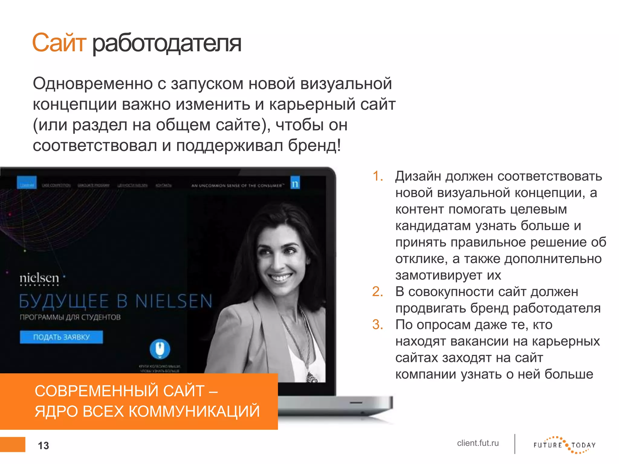 13 client.fut.ru
Сайт работодателя
1. Дизайн должен соответствовать
новой визуальной концепции, а
контент помогать целевым
кандидатам узнать больше и
принять правильное решение об
отклике, а также дополнительно
замотивирует их
2. В совокупности сайт должен
продвигать бренд работодателя
3. По опросам даже те, кто
находят вакансии на карьерных
сайтах заходят на сайт
компании узнать о ней больше
СОВРЕМЕННЫЙ САЙТ –
ЯДРО ВСЕХ КОММУНИКАЦИЙ
Одновременно с запуском новой визуальной
концепции важно изменить и карьерный сайт
(или раздел на общем сайте), чтобы он
соответствовал и поддерживал бренд!
 