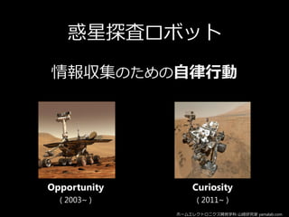 惑星探査ロボット
Opportunity
( 2003~ )
Curiosity
( 2011~ )
情報収集のための自律行動
ホームエレクトロニクス開発学科 山崎研究室 yamalab.com
 